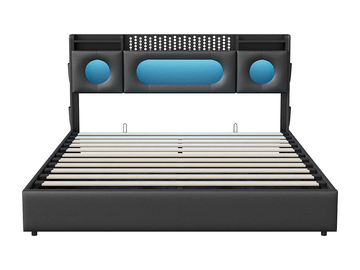 Lit 140x200 cm avec Rangement à Gaz, Ports USB/Type C, Éclairage LED et Tissu Lin - Pratique et Moderne，noir