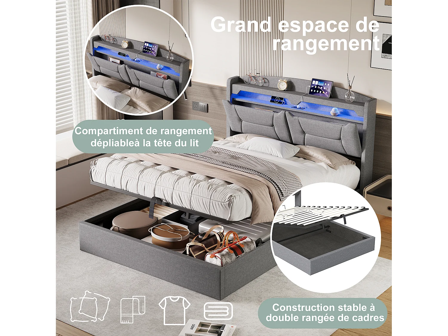 Lit coffre 140×190 cm avec grand espace de rangement, tête de lit multifonctionnelle et LED RGB – Tissu gris clair