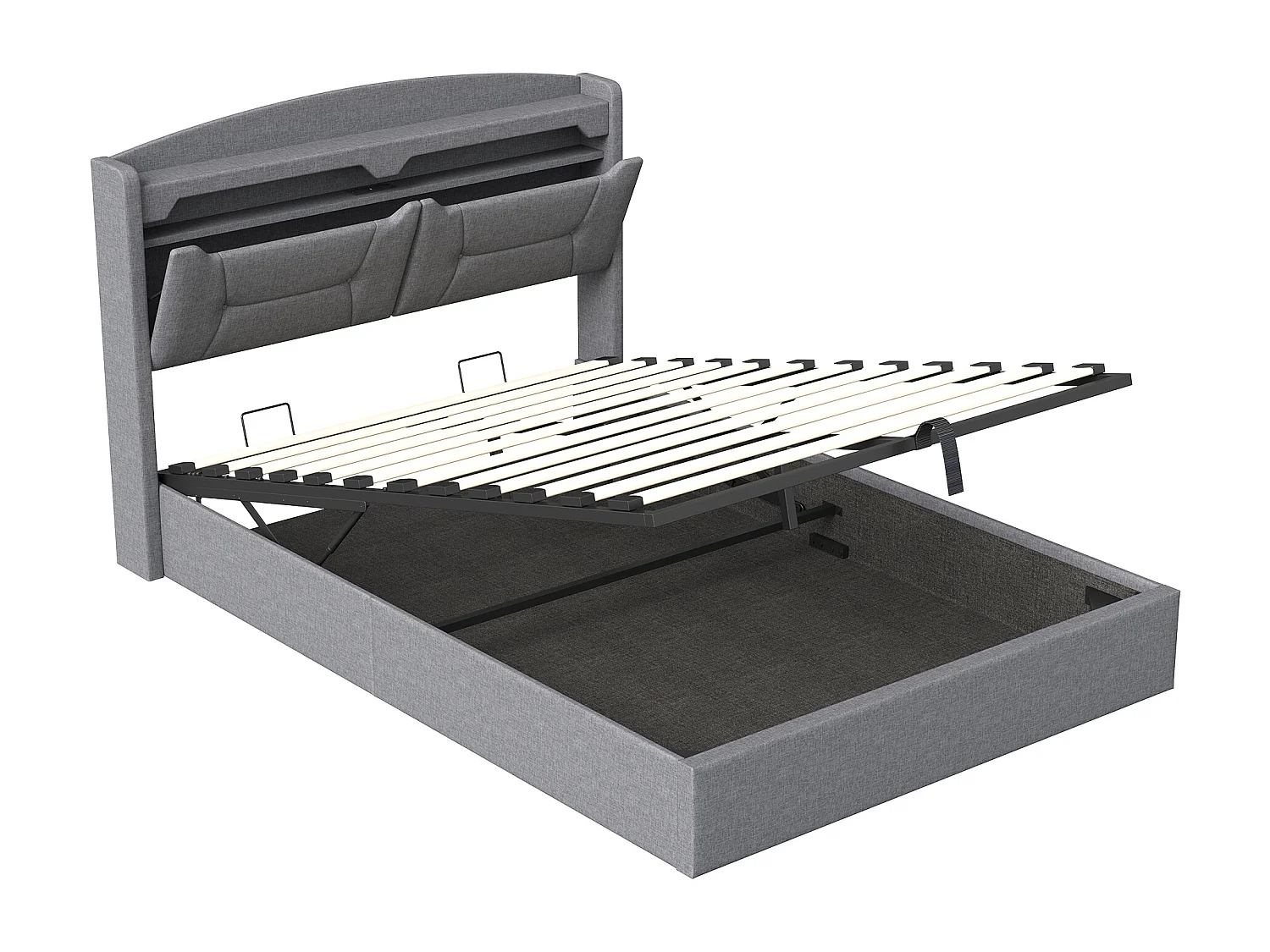 Lit coffre 140×190 cm avec grand espace de rangement, tête de lit multifonctionnelle et LED RGB – Tissu gris clair