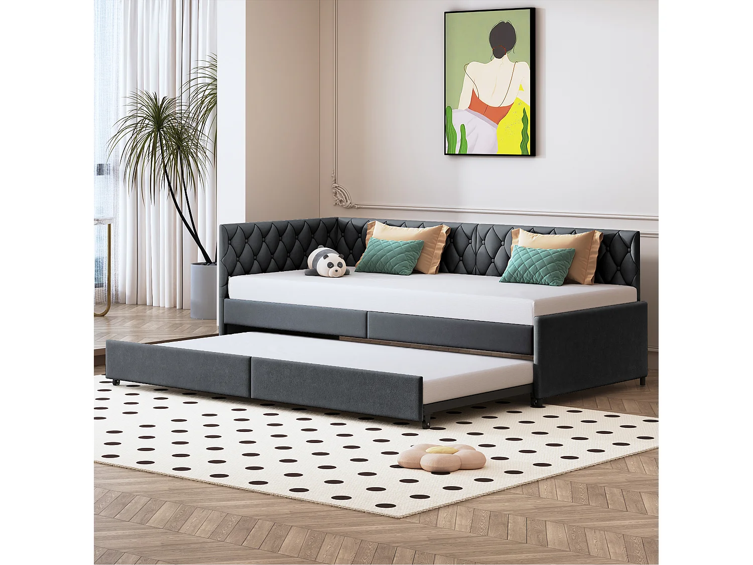 Uitschuifbare slaapbank 90x200 cm in grijs fluweel met gewatteerd hoofdbord, modern design