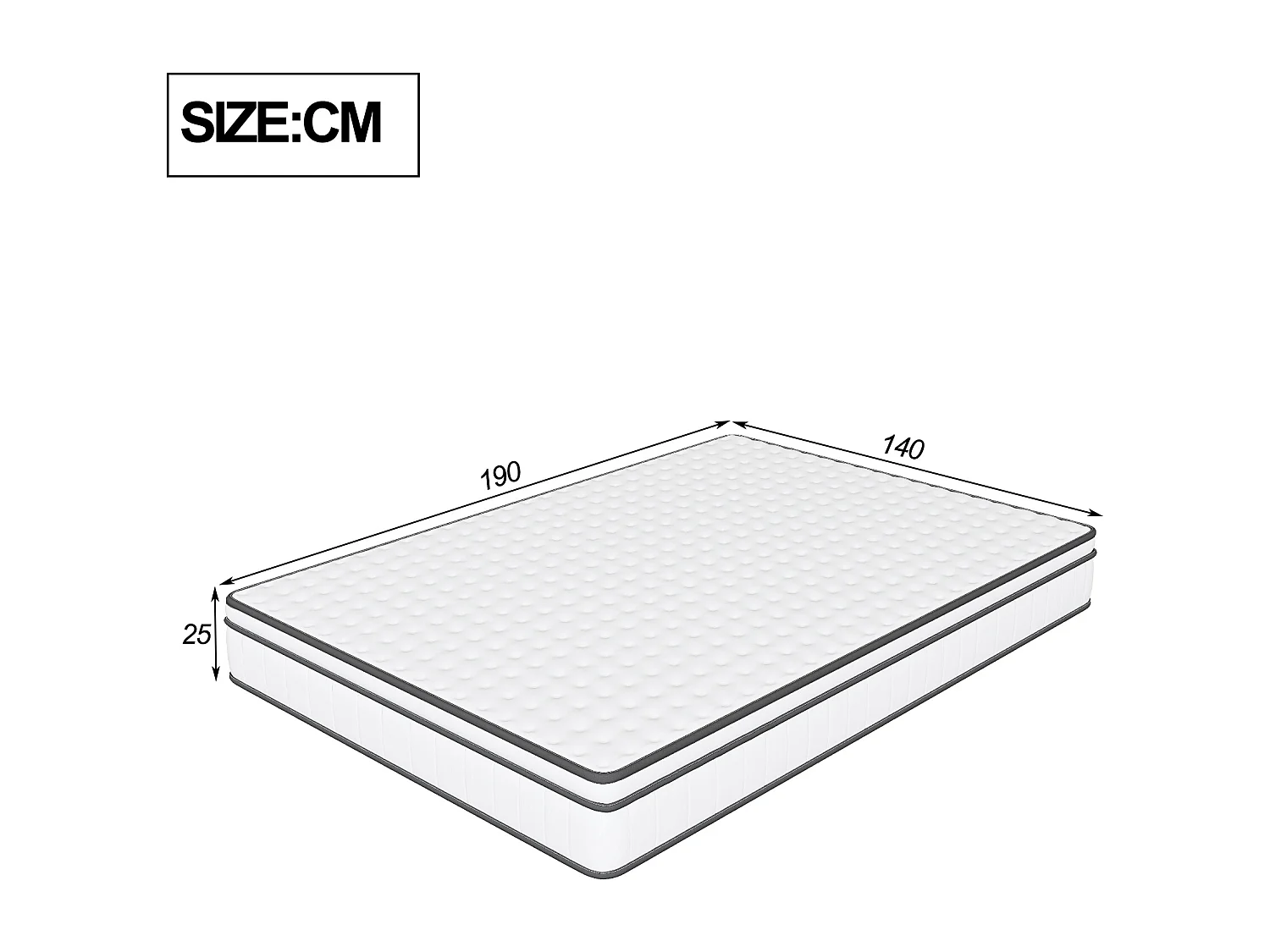 Matelas hybride 140x190x25 cm à ressorts ensachés, 3D tissu respirant, confort moyen, blanc et gris