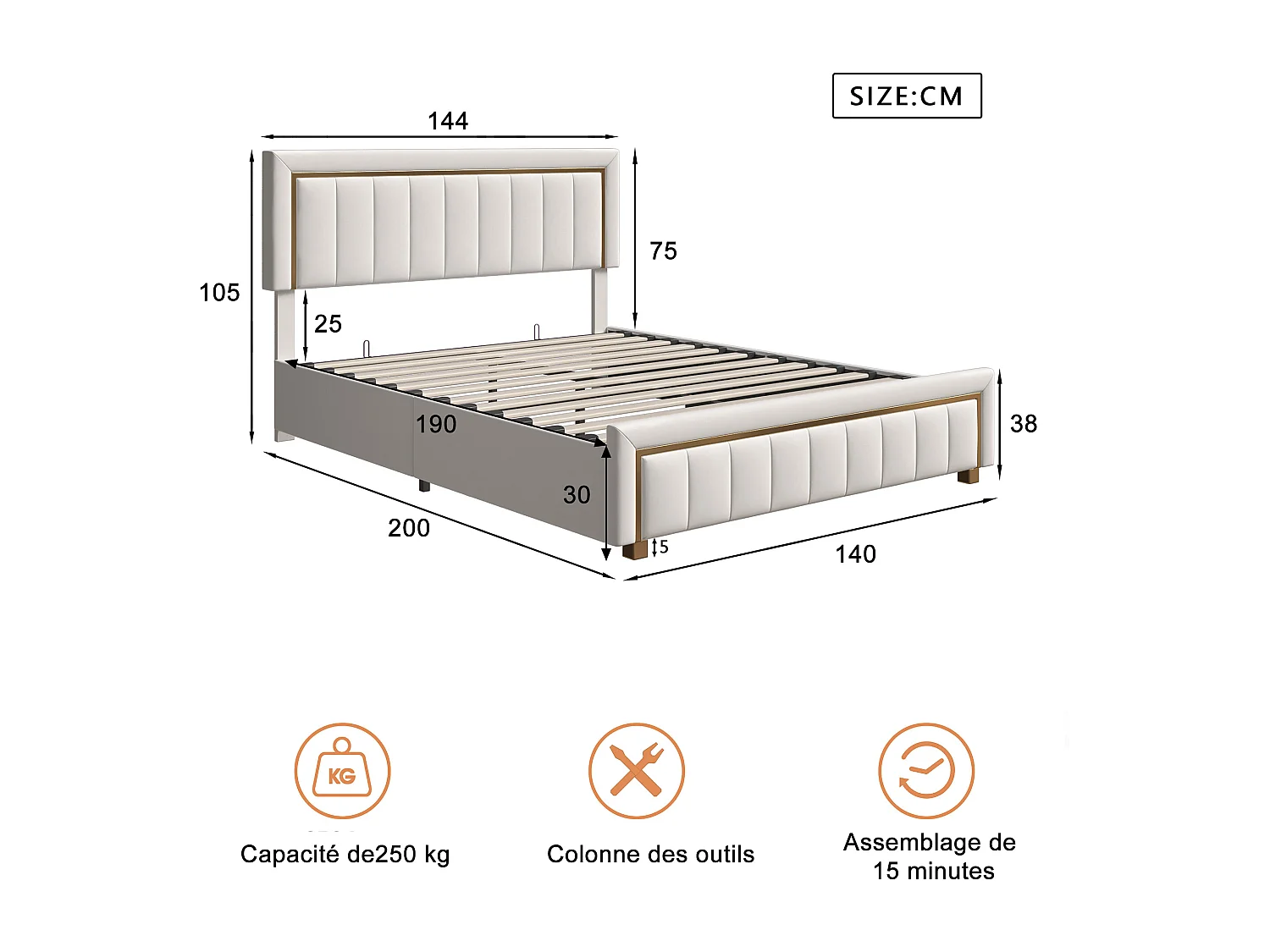 140 x 190 cm großes Bett mit beigefarbenem Samtbezug – Gasdruckfeder-Stauraum – Goldfarbene Zierleiste und vertikales Streifenmuster