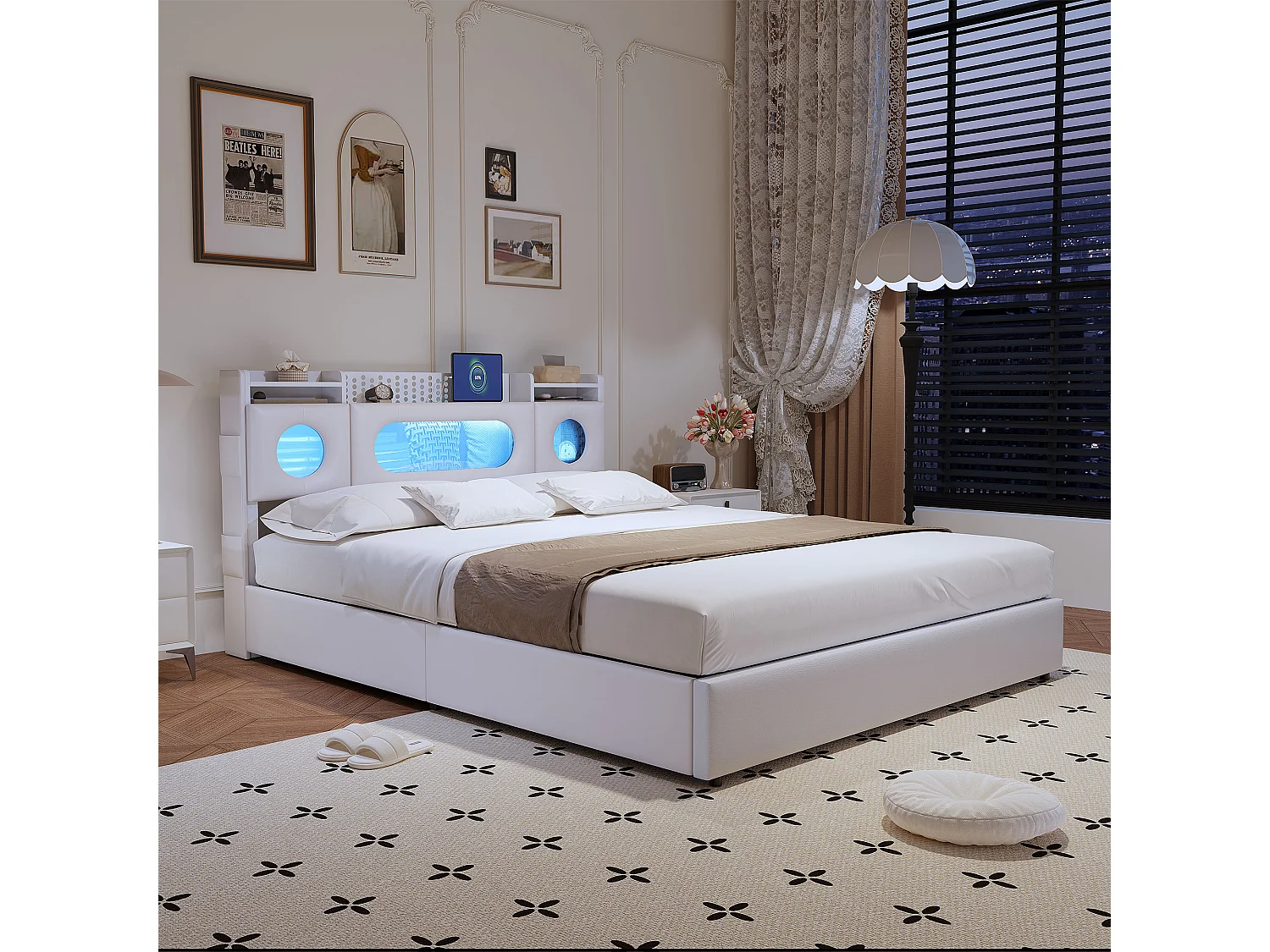 Lit 140x200 cm avec Rangement à Gaz, Ports USB/Type C, Éclairage LED et Tissu Lin - Pratique et Moderne，Blanc