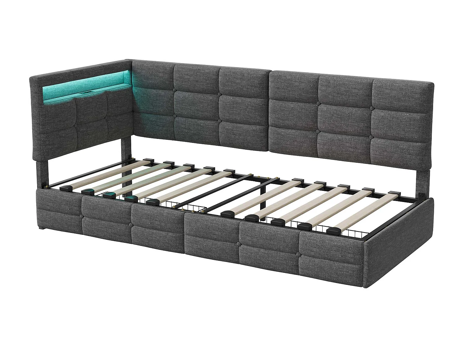 Łóżko z zagłówkiem w kształcie litery L w szarej tkaninie – Zintegrowane oświetlenie LED – Port USB – Szuflada do przechowywania – Stelaż z listew – 90x200 cm