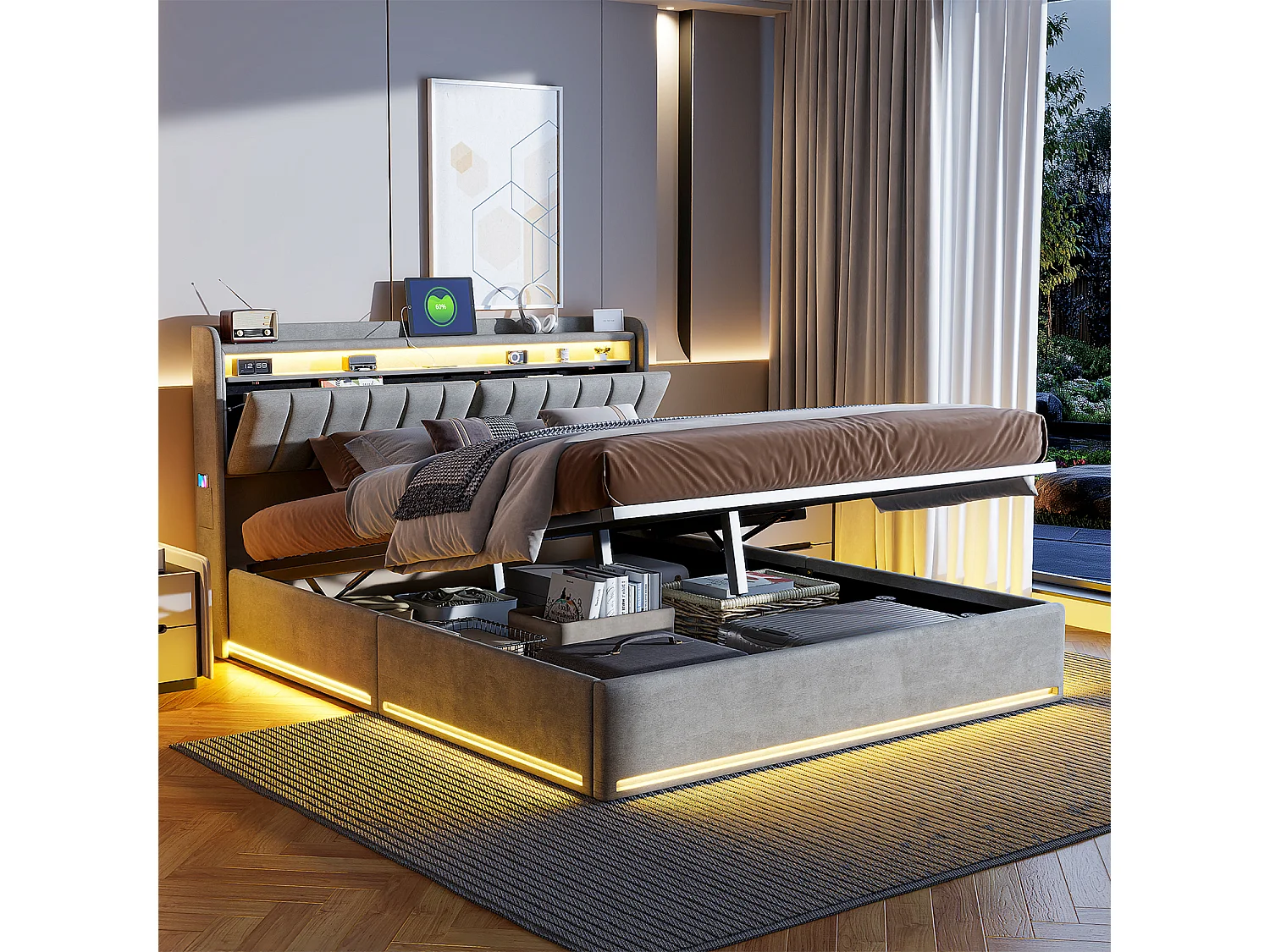 Lit coffre 140x190 cm en velours gris avec LED RGB, tête de lit avec rangement et ports USB & USB-C
