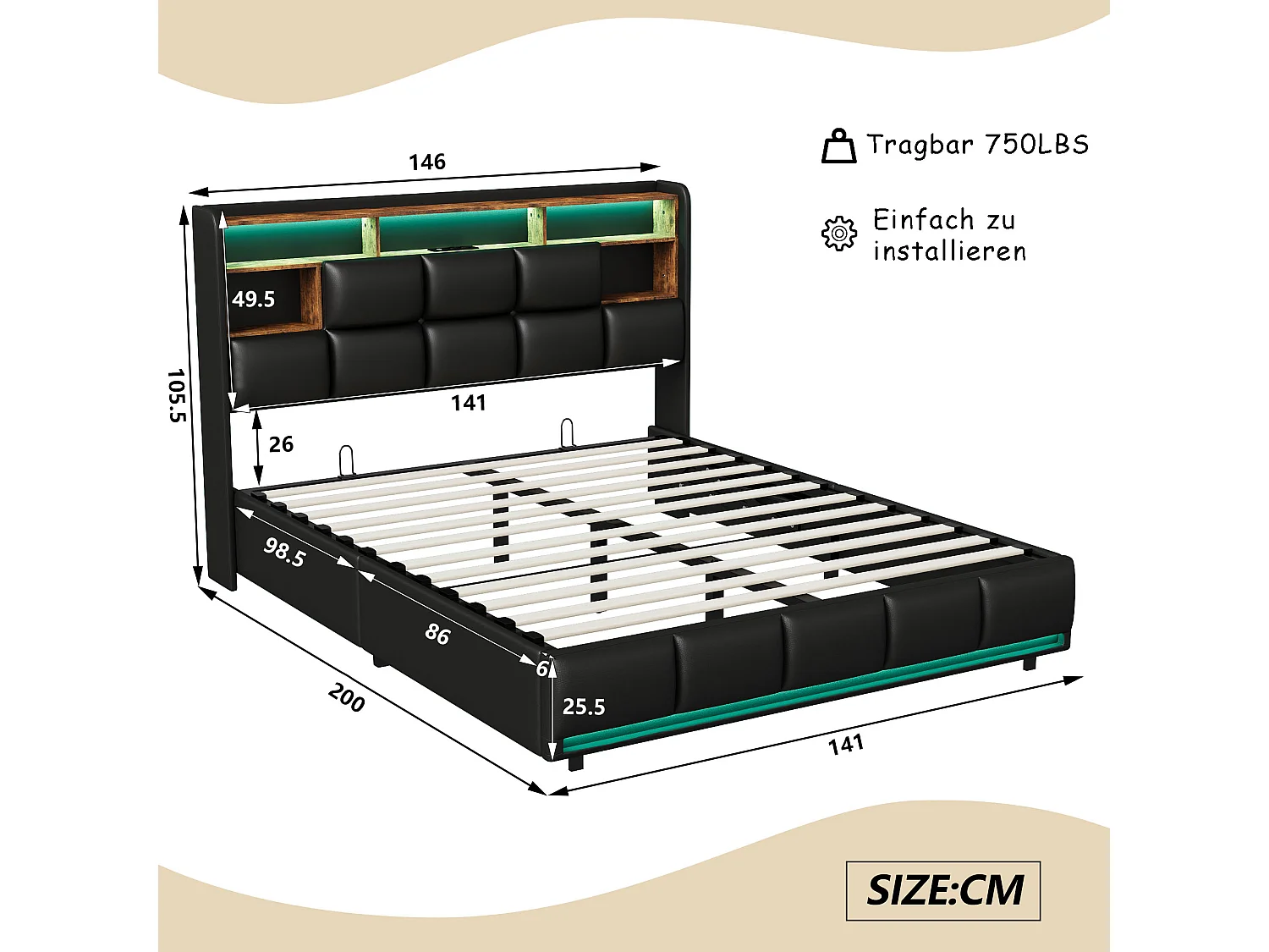 Lit rembourré 140×190 cm avec prises USB et secteur, lit enfant avec sommier à lattes et rangement, lit coffre LED, similicuir noir