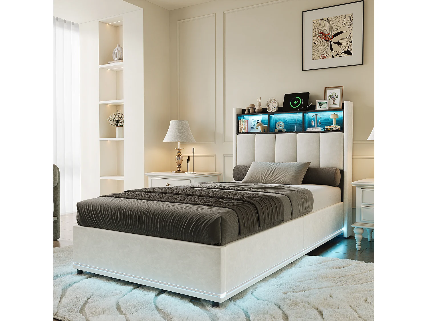 90 x 200 cm großes Bett in weißem Samt mit Gasdruckfeder-Stauraum, Kopfteil mit LED-Beleuchtung, USB-/Typ-C-Anschluss und seitlicher LED-Beleuchtung