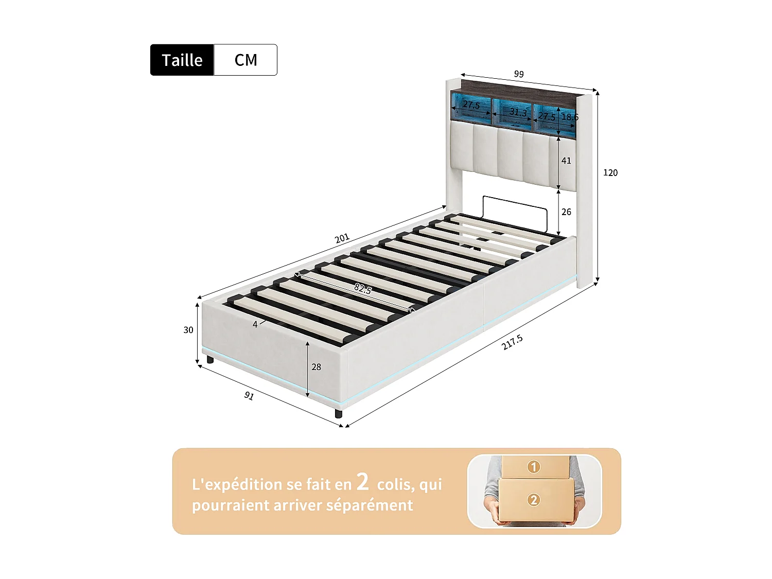 90 x 200 cm großes Bett in weißem Samt mit Gasdruckfeder-Stauraum, Kopfteil mit LED-Beleuchtung, USB-/Typ-C-Anschluss und seitlicher LED-Beleuchtung