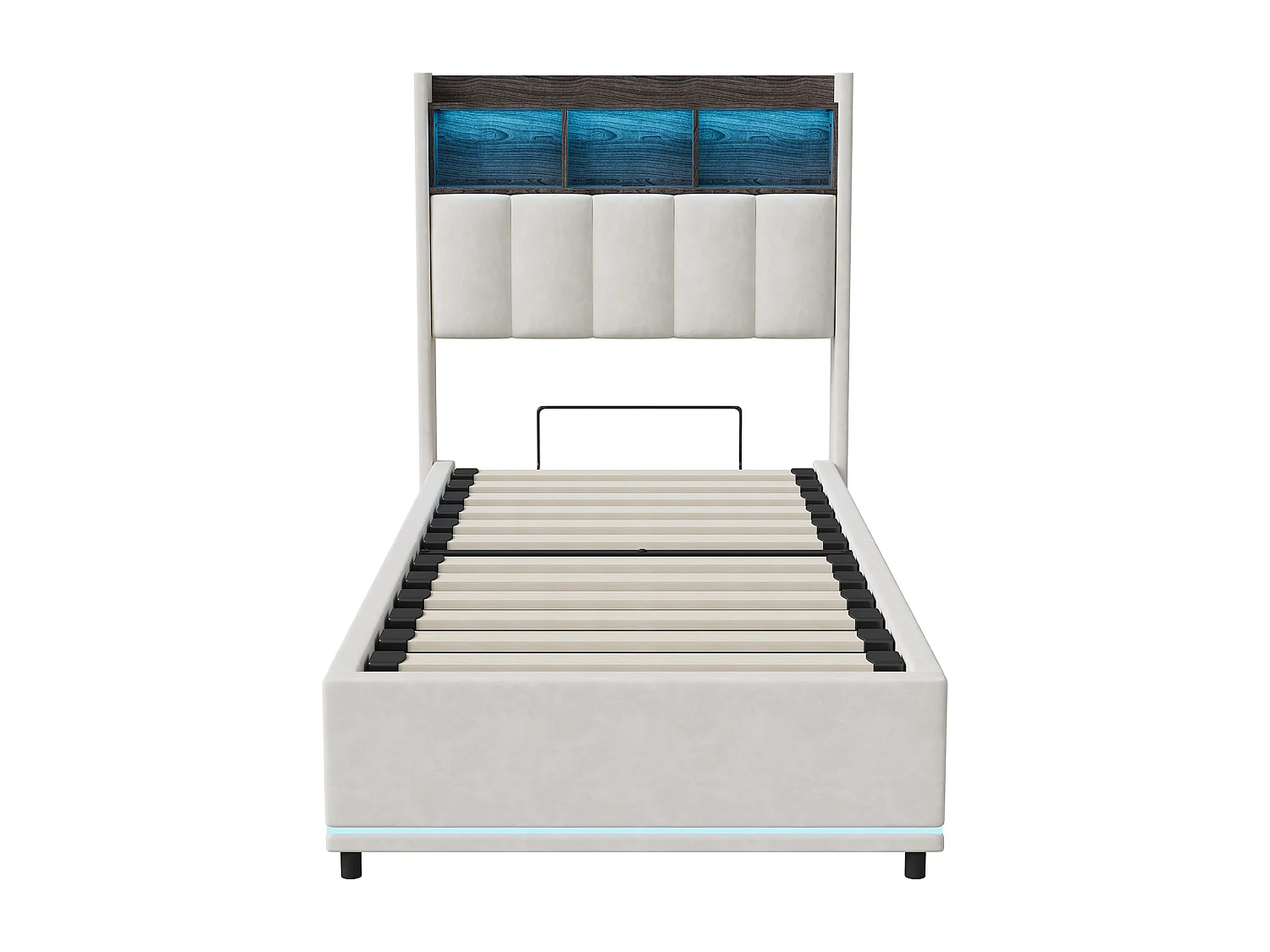 90 x 200 cm großes Bett in weißem Samt mit Gasdruckfeder-Stauraum, Kopfteil mit LED-Beleuchtung, USB-/Typ-C-Anschluss und seitlicher LED-Beleuchtung