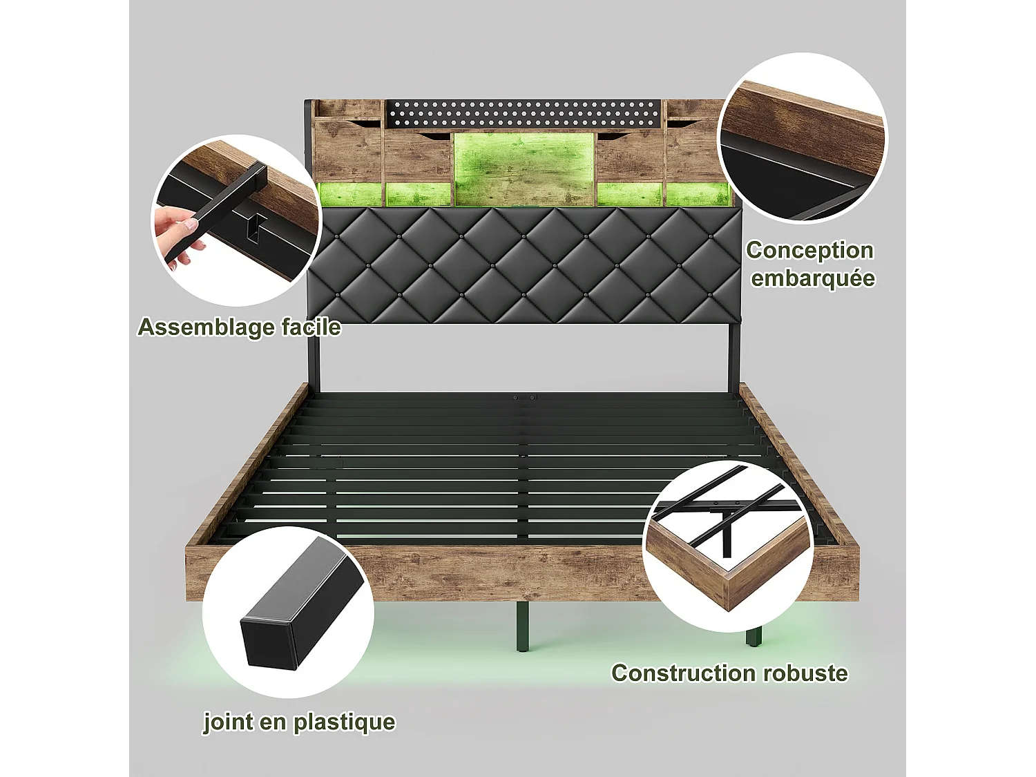 Bed van 140x200 cm met hoofdeinde, plank, geïntegreerde opbergruimte, ledverlichting en metalen frame - Maximale belasting 350 kg