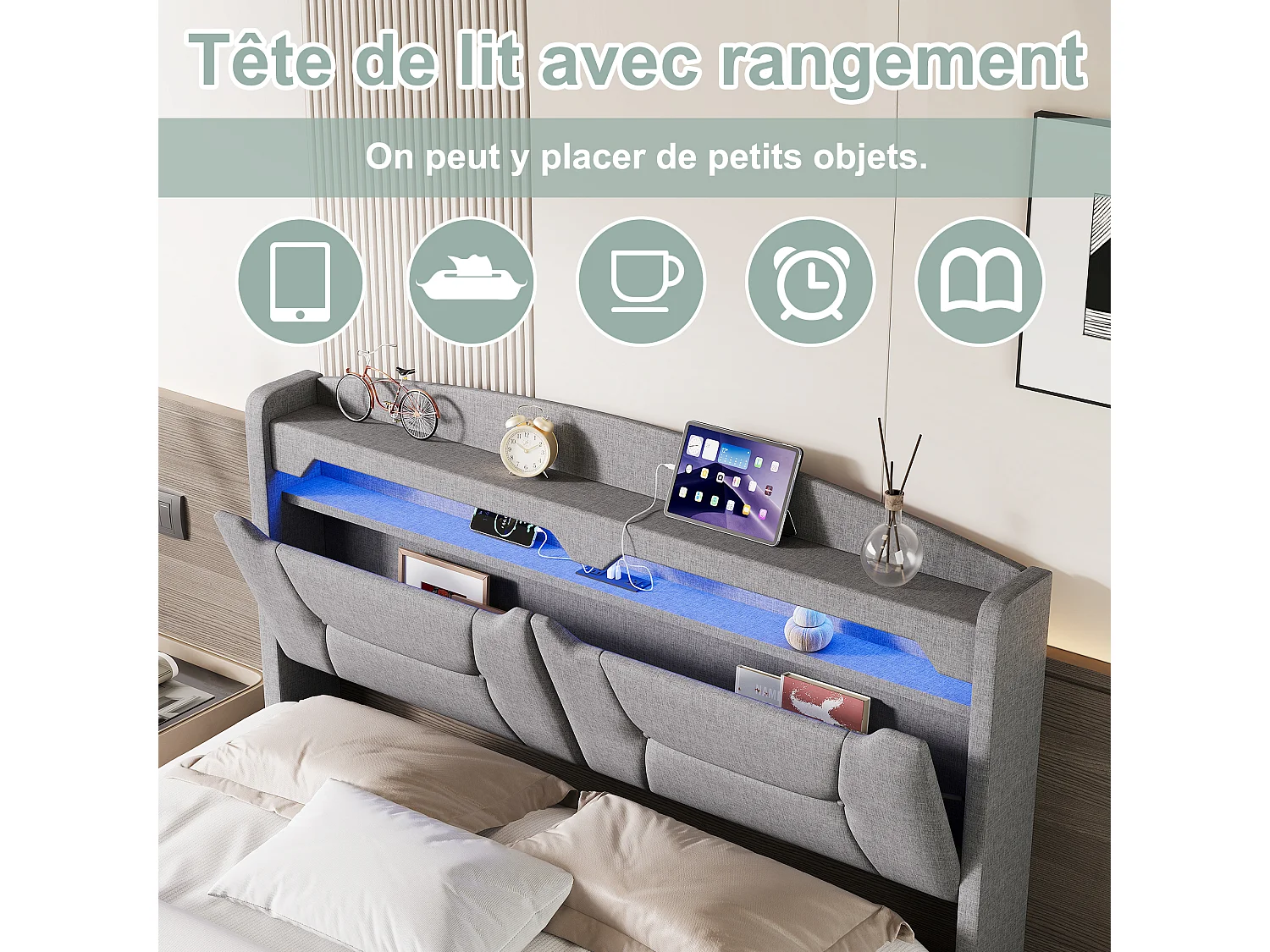 Lit coffre 140×200 cm avec grand espace de rangement, tête de lit multifonctionnelle et LED RGB – Tissu gris clair