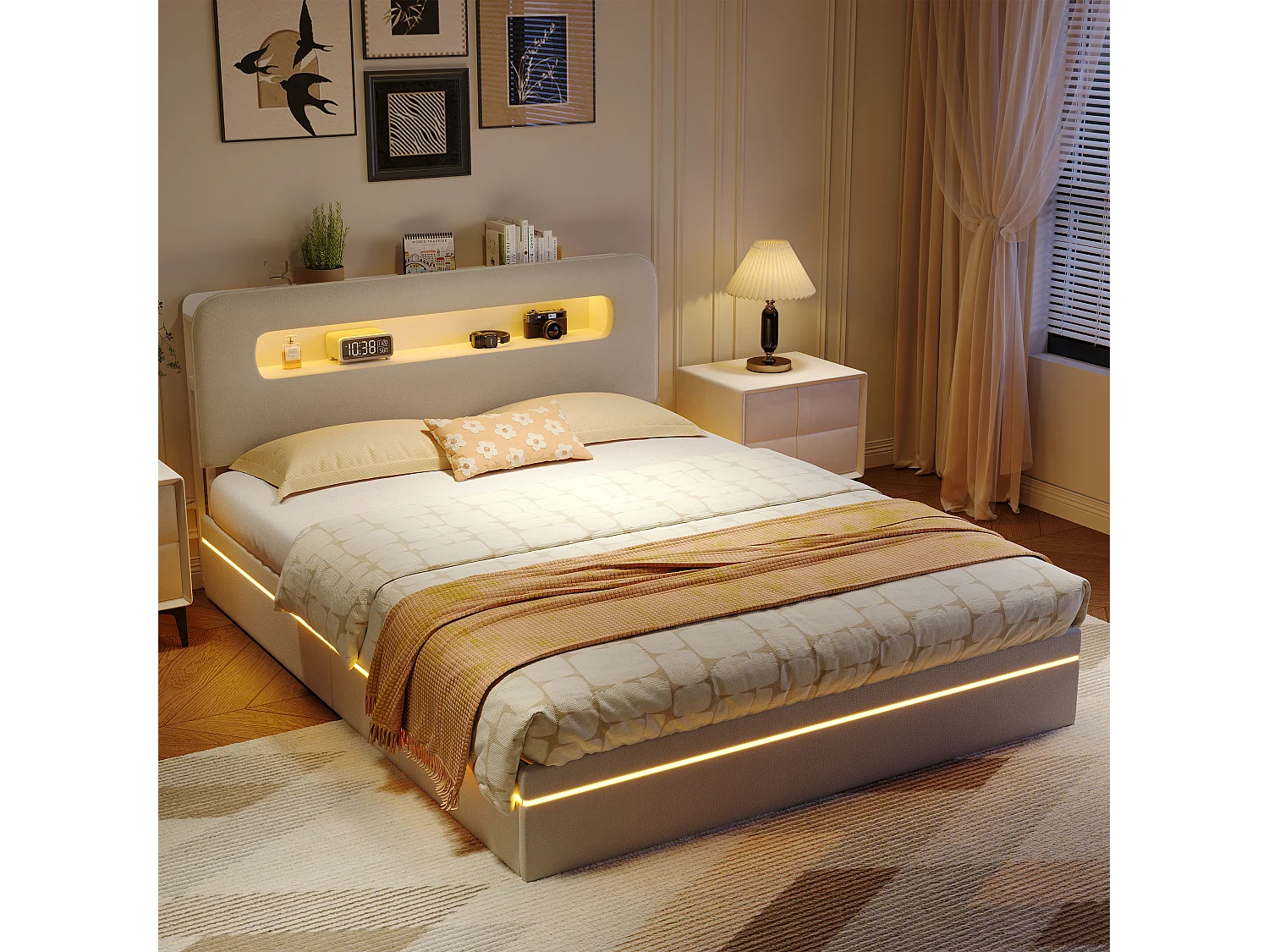 Lit 160x200 cm en velours beige avec LED intégrées, tête de lit avec rangement et système hydraulique