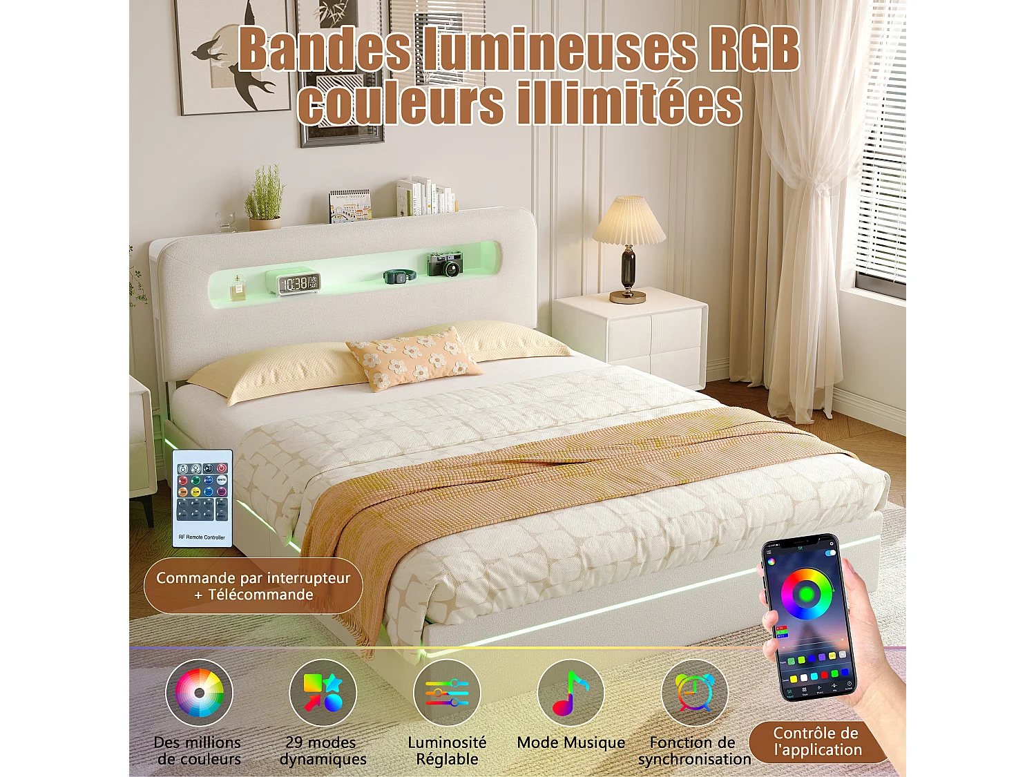 Lit 160x200 cm en velours beige avec LED intégrées, tête de lit avec rangement et système hydraulique