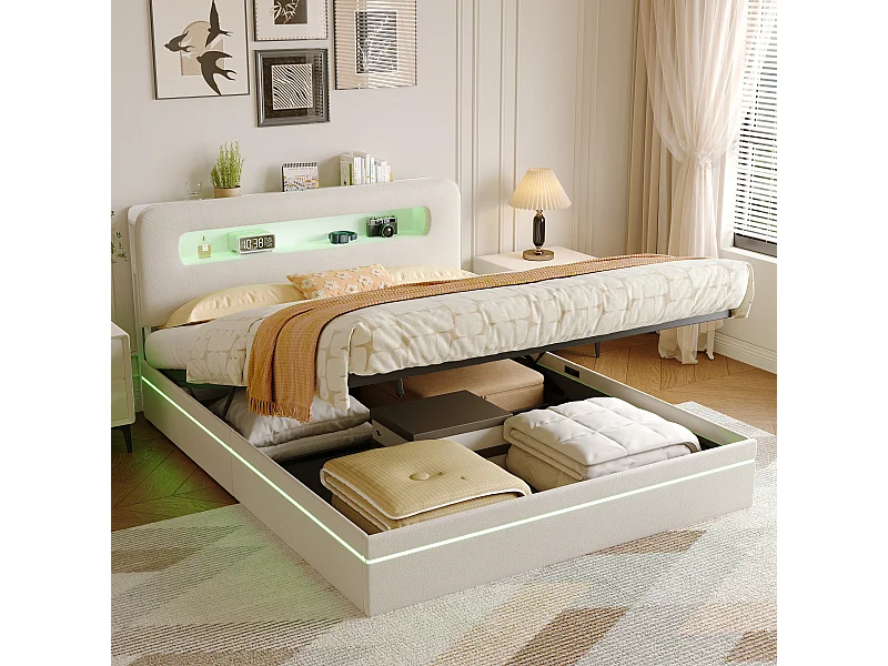 Lit 160x200 cm en velours beige avec LED intégrées, tête de lit avec rangement et système hydraulique
