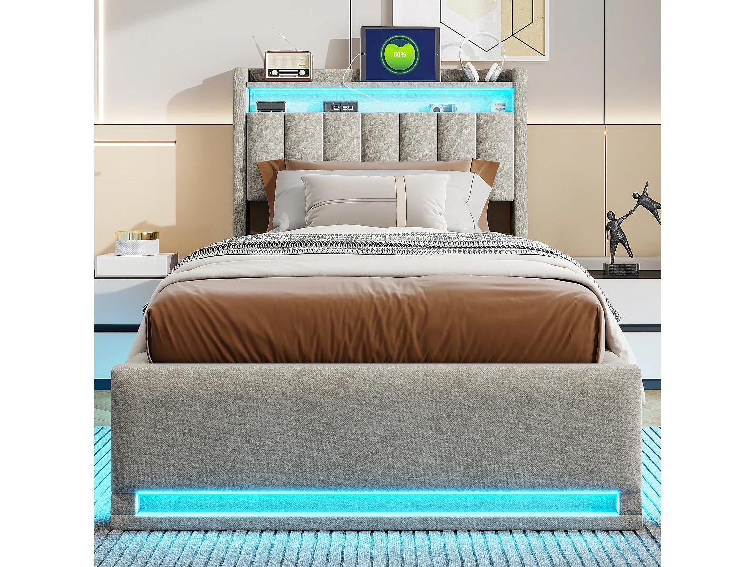 RGB-LED-Bett mit Kopfteil und Stauraum – 90 x 200 cm, USB-C-Anschluss und USB-Ladegerät, grauer oder beiger Samtbezug