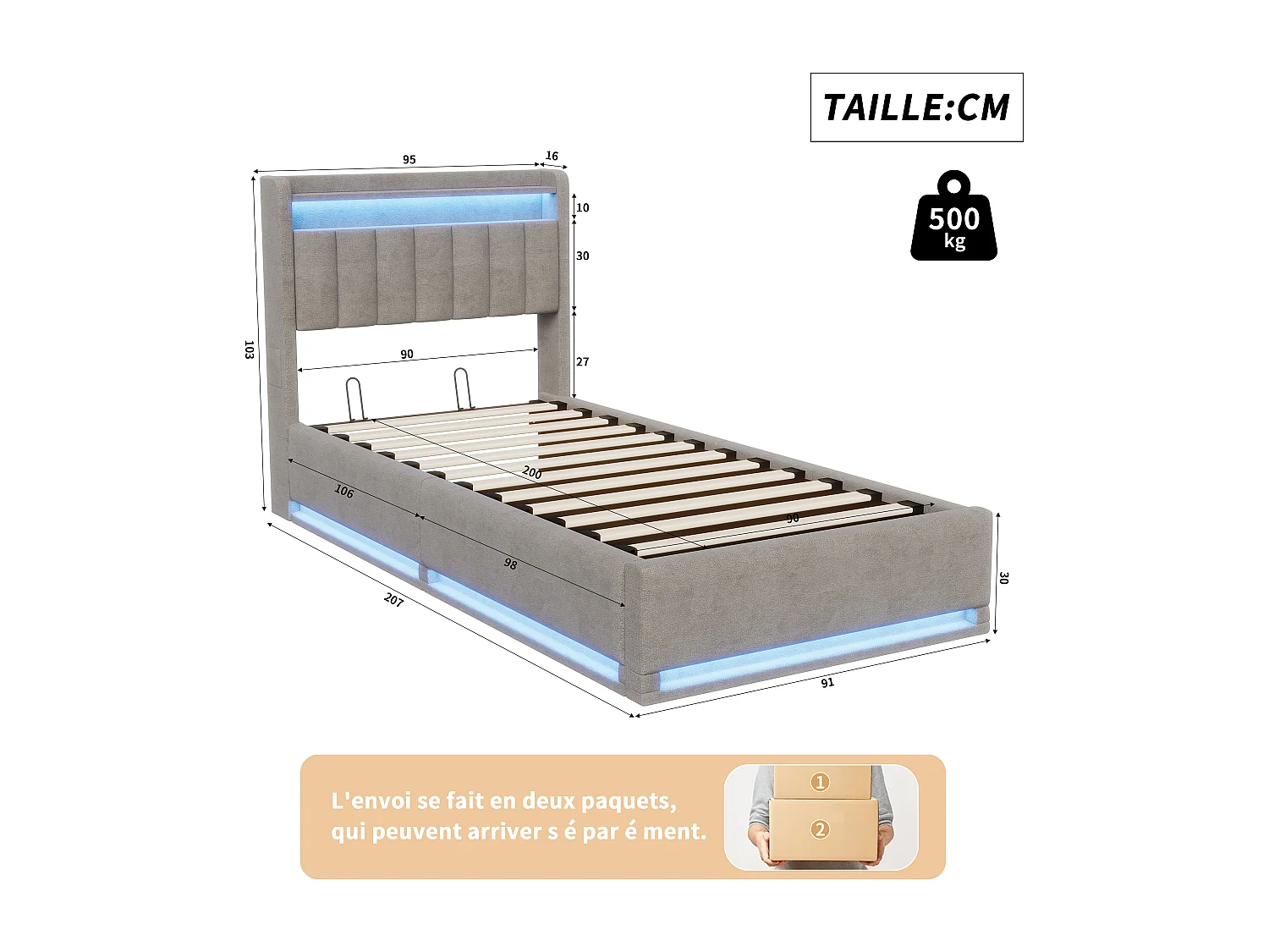 RGB-LED-Bett mit Kopfteil und Stauraum – 90 x 200 cm, USB-C-Anschluss und USB-Ladegerät, grauer oder beiger Samtbezug