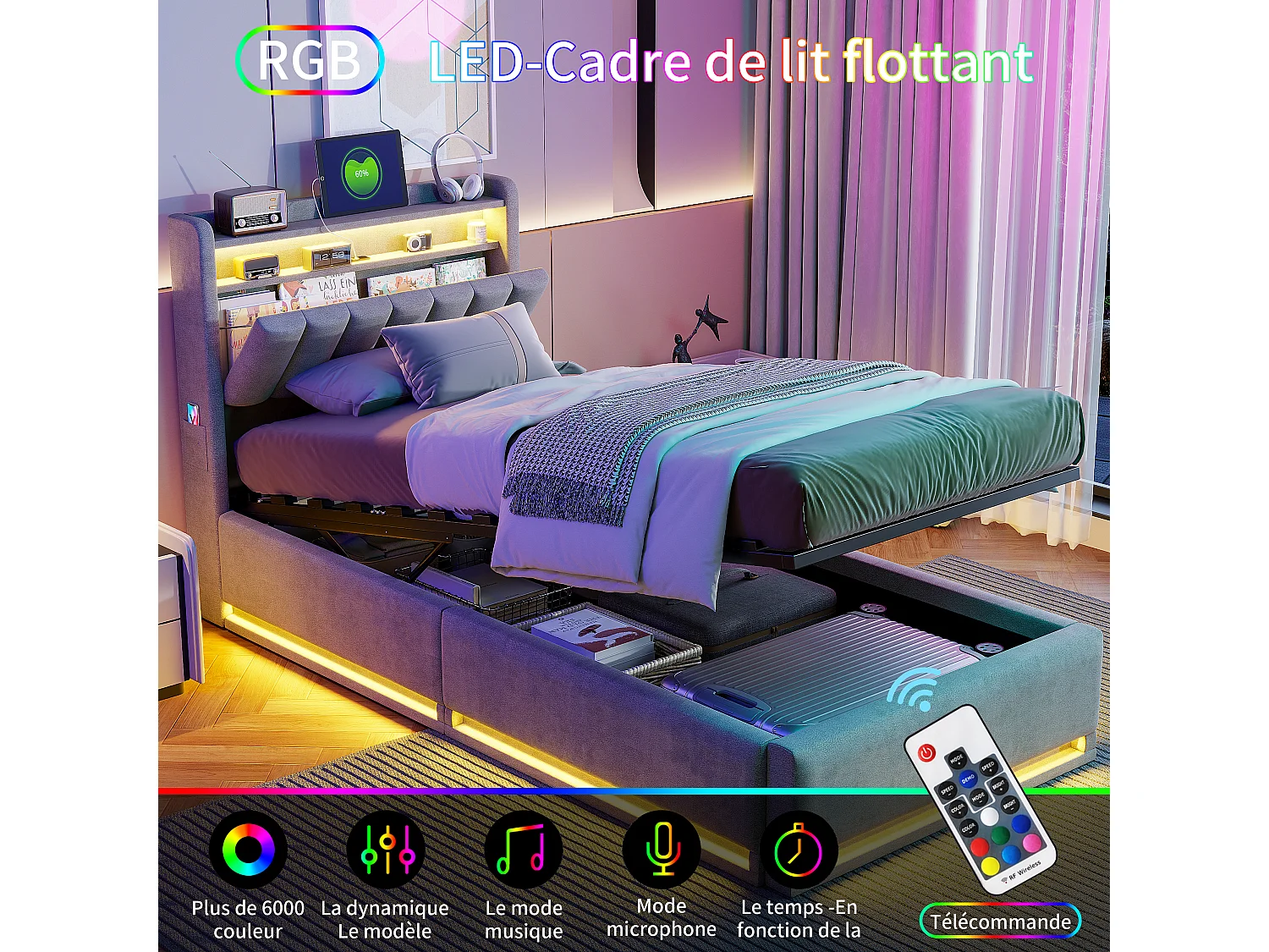 RGB-LED-Bett mit Kopfteil und Stauraum – 90 x 200 cm, USB-C-Anschluss und USB-Ladegerät, grauer oder beiger Samtbezug