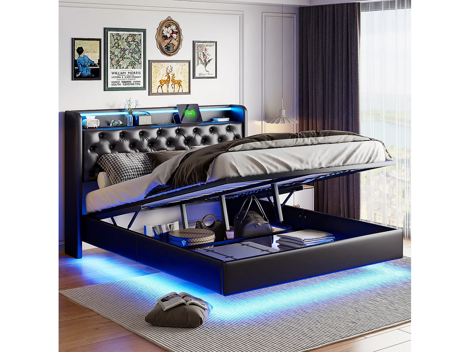 Cama suspensa de 160x200 cm com arrumação integrada – Cabeceira com iluminação LED – Estofos em PU preto – Tomadas USB e elétricas – Estrutura hidráulica moderna