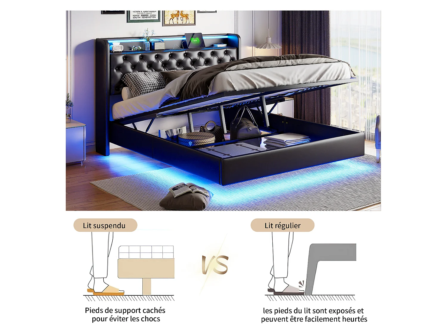 Cama suspensa de 160x200 cm com arrumação integrada – Cabeceira com iluminação LED – Estofos em PU preto – Tomadas USB e elétricas – Estrutura hidráulica moderna