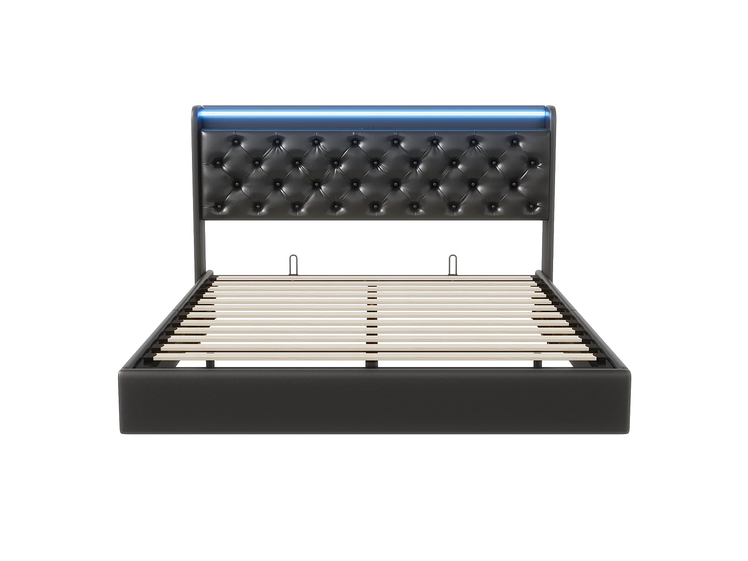 Cama suspensa de 160x200 cm com arrumação integrada – Cabeceira com iluminação LED – Estofos em PU preto – Tomadas USB e elétricas – Estrutura hidráulica moderna