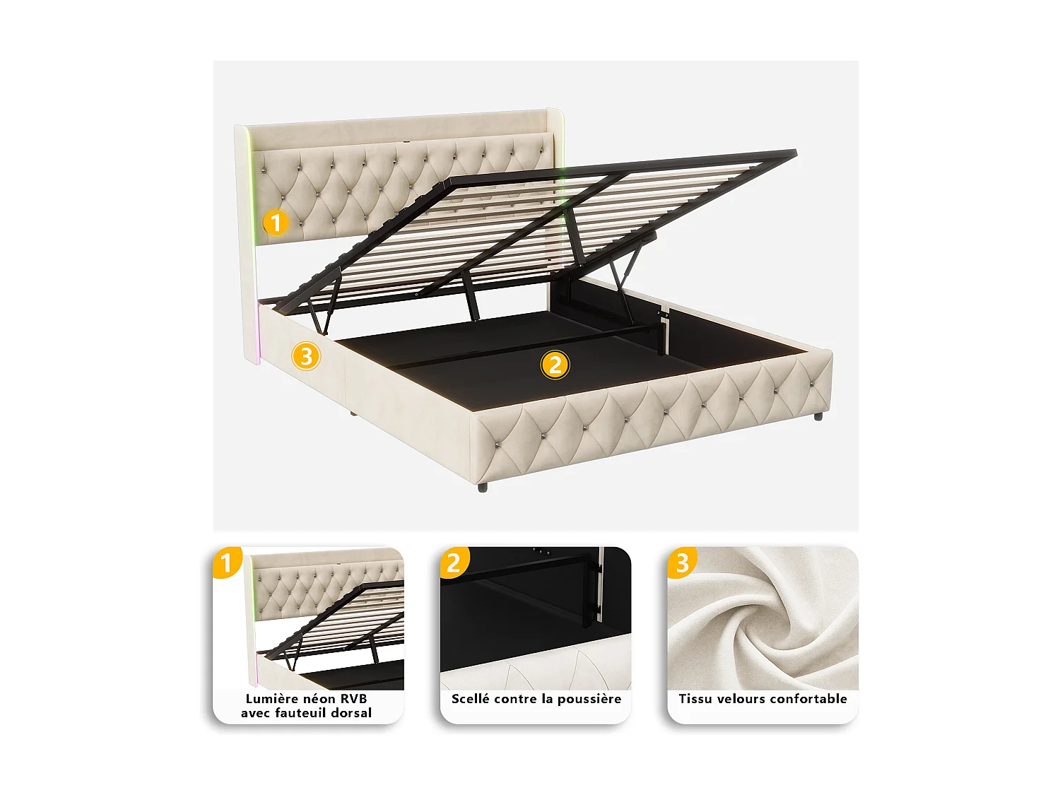 Lit coffre 160x200 cm avec LED RGB – Tissu velours beige – Sommier relevable – Rangement intégré
