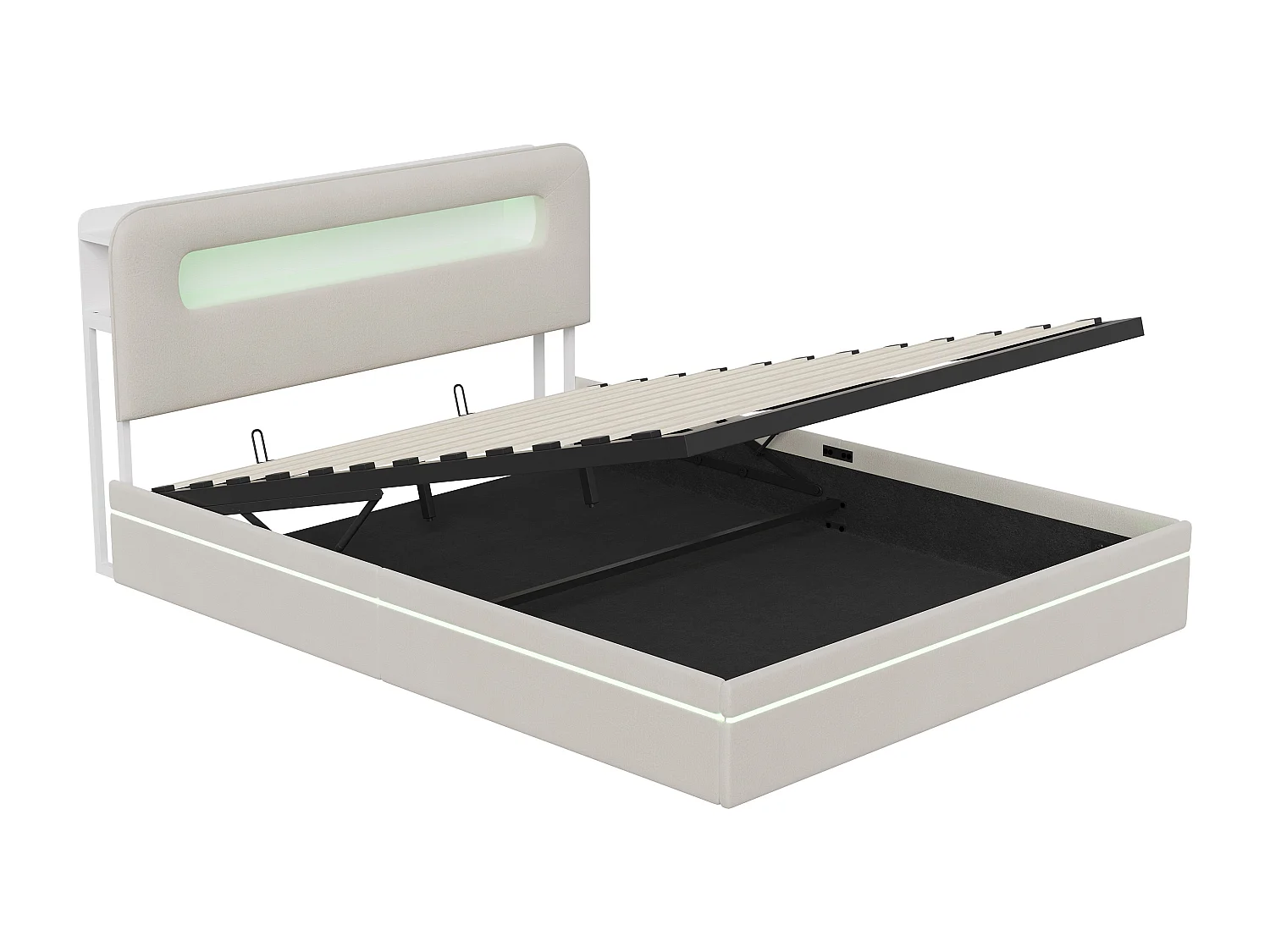 Lit 140x200 cm en velours beige avec LED intégrées, tête de lit avec rangement et système hydraulique