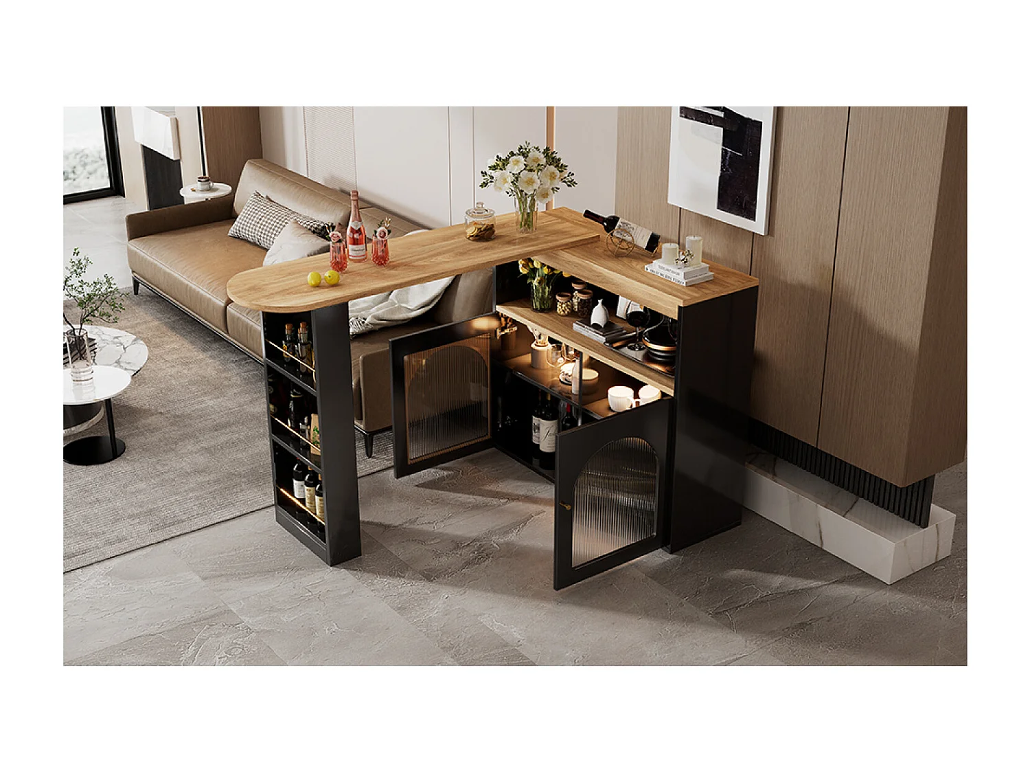 Meuble de bar pivotant avec LED et 2 portes vitrées - Noir et naturel clair