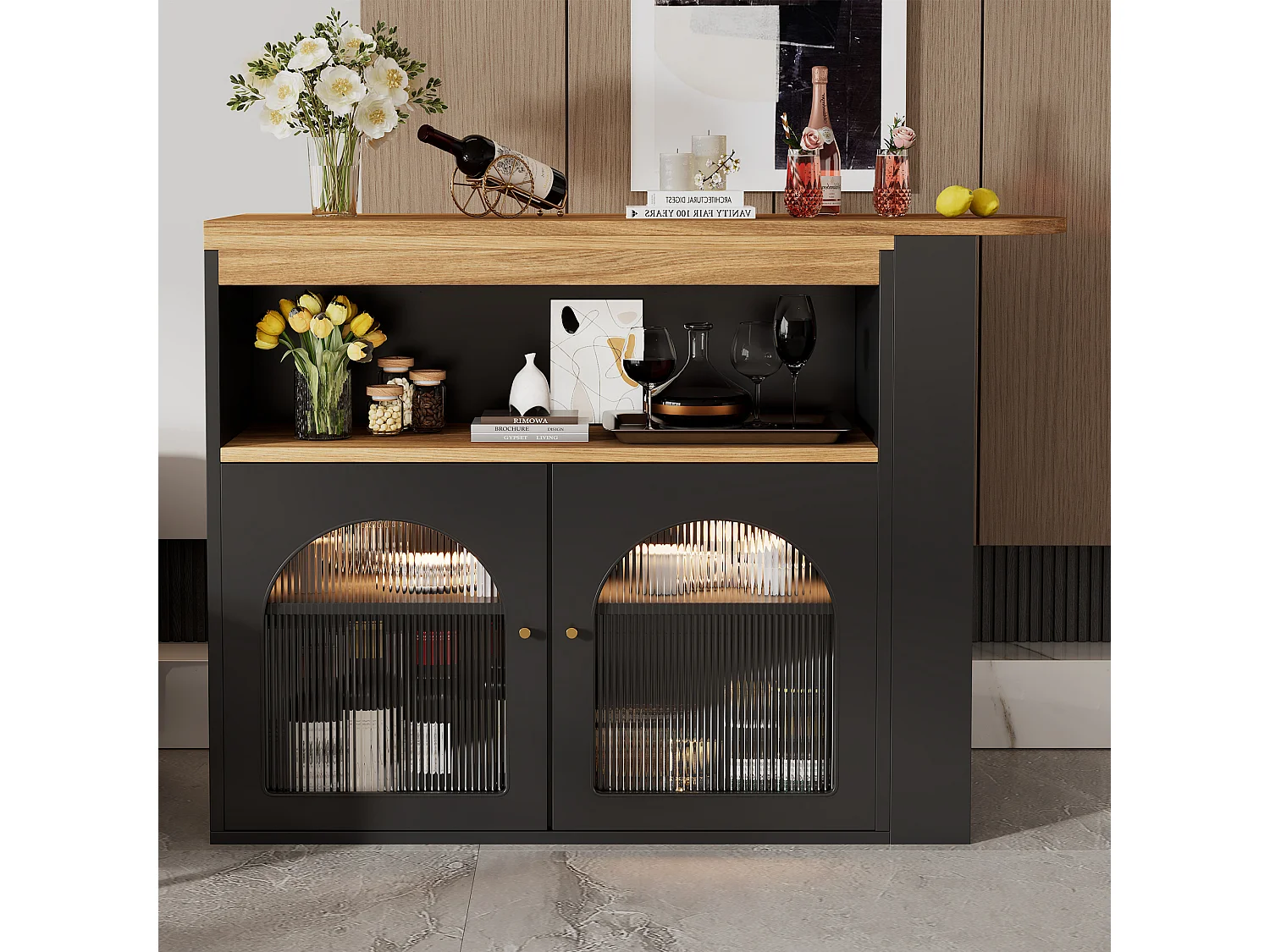 Meuble de bar pivotant avec LED et 2 portes vitrées - Noir et naturel clair