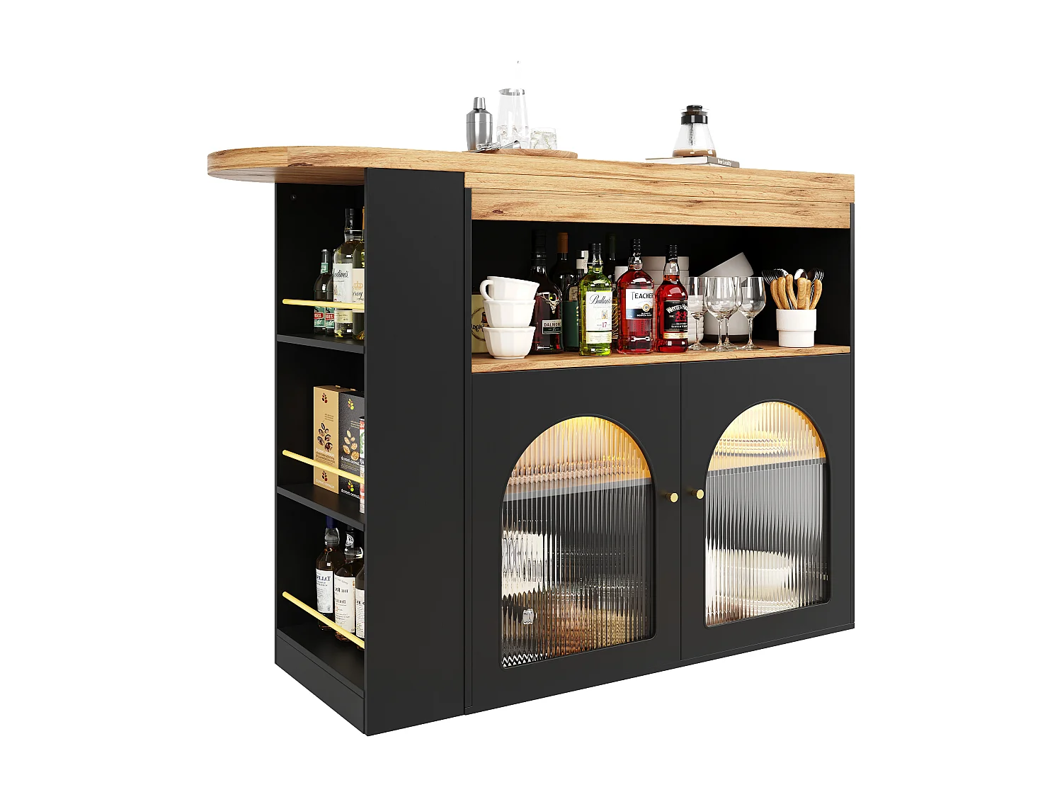 Meuble de bar pivotant avec LED et 2 portes vitrées - Noir et naturel clair
