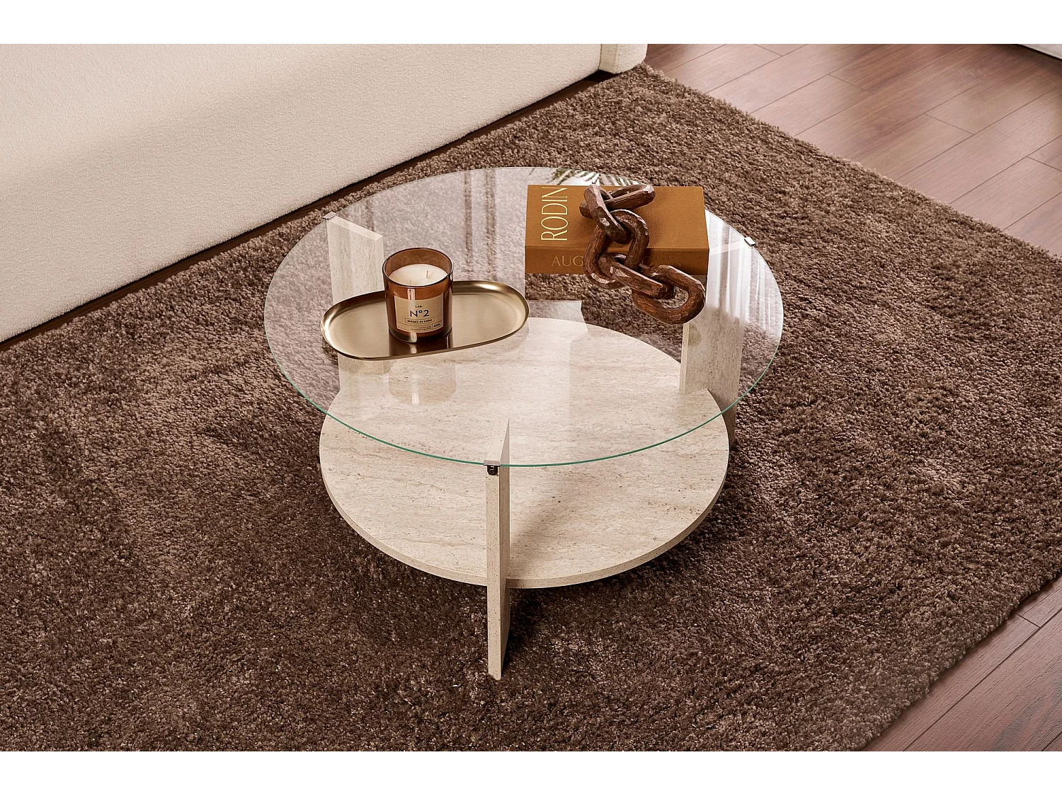 Table basse en bois "Clara" - 75 x 75 x 40 cm - TravertinTransparent