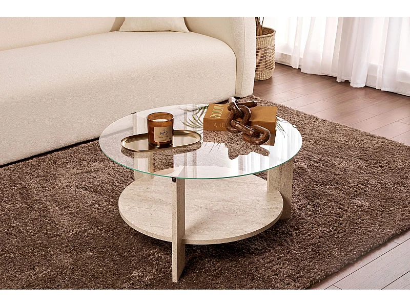 Table basse en bois "Clara" - 75 x 75 x 40 cm - TravertinTransparent