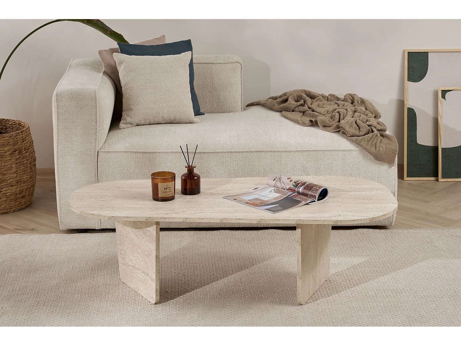 Table basse en bois "Ovalis" - 130 x 65 x 40 cm - Travertin