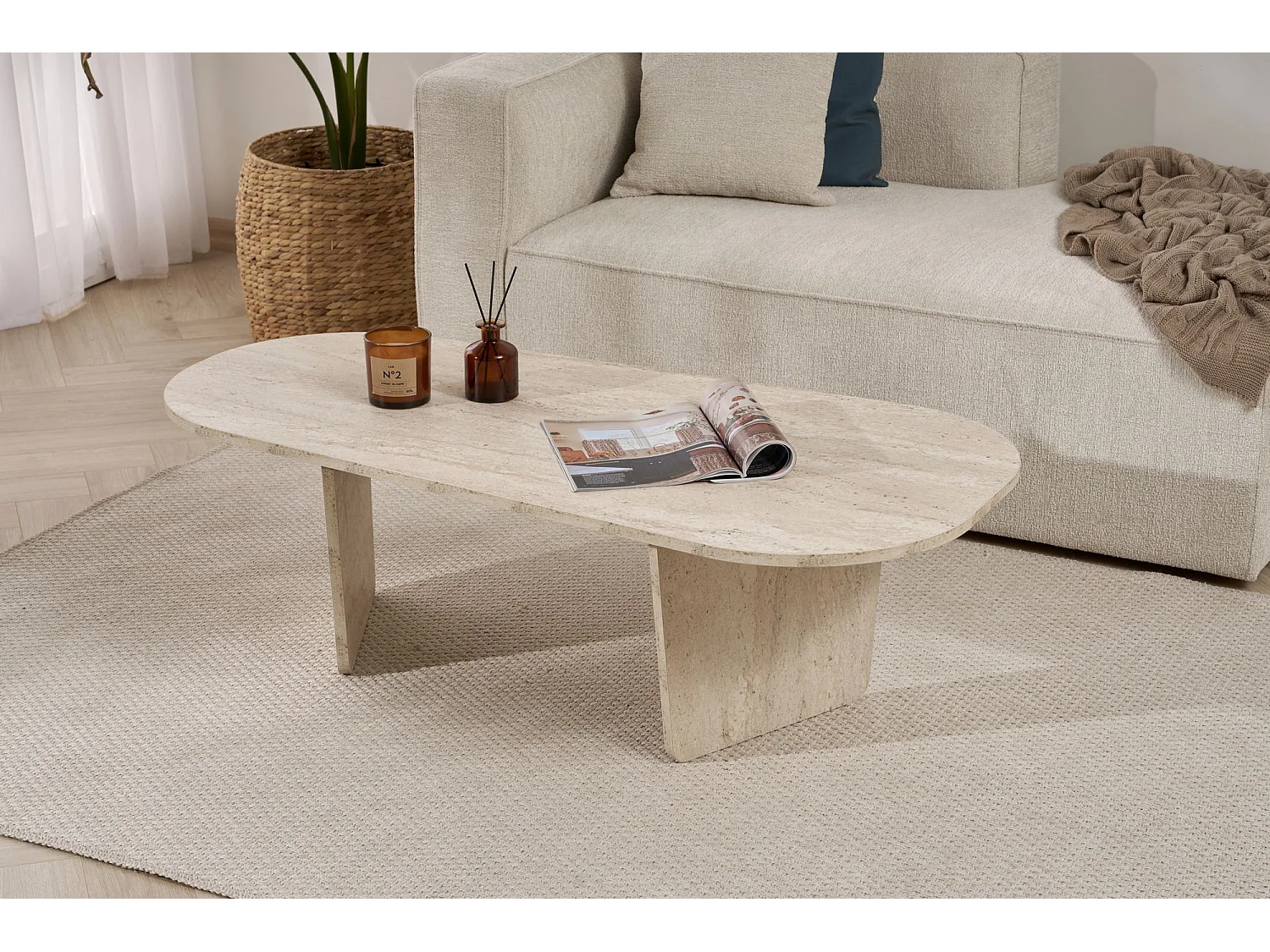 Table basse en bois "Ovalis" - 130 x 65 x 40 cm - Travertin