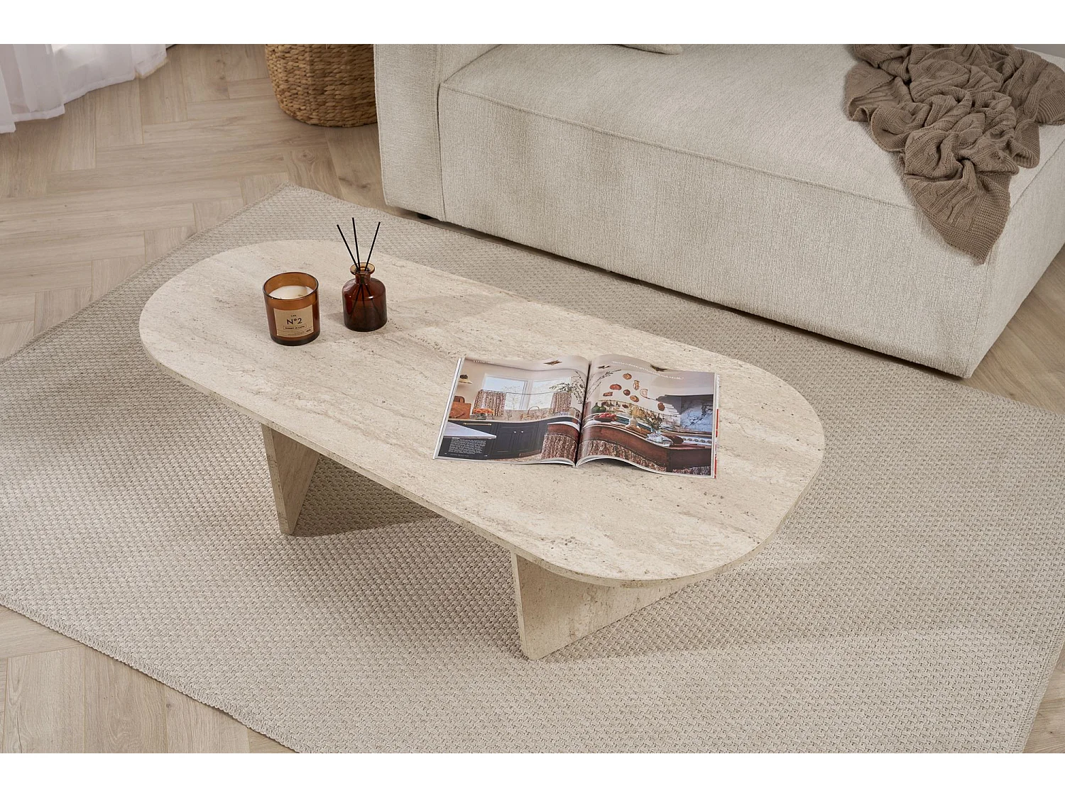 Table basse en bois "Ovalis" - 130 x 65 x 40 cm - Travertin