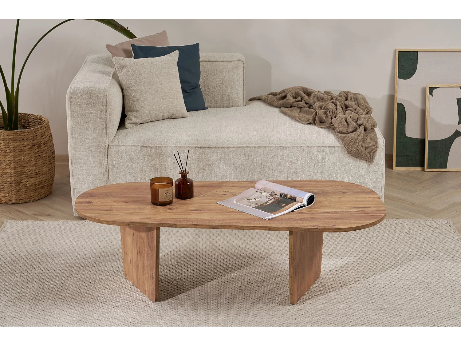 Table basse en bois "Ovalis" - 130 x 65 x 40 cm - Pin atlantique