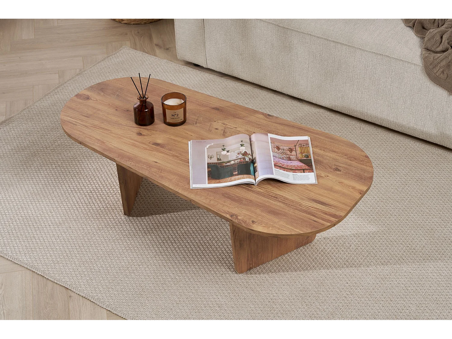 Table basse en bois "Ovalis" - 130 x 65 x 40 cm - Pin atlantique