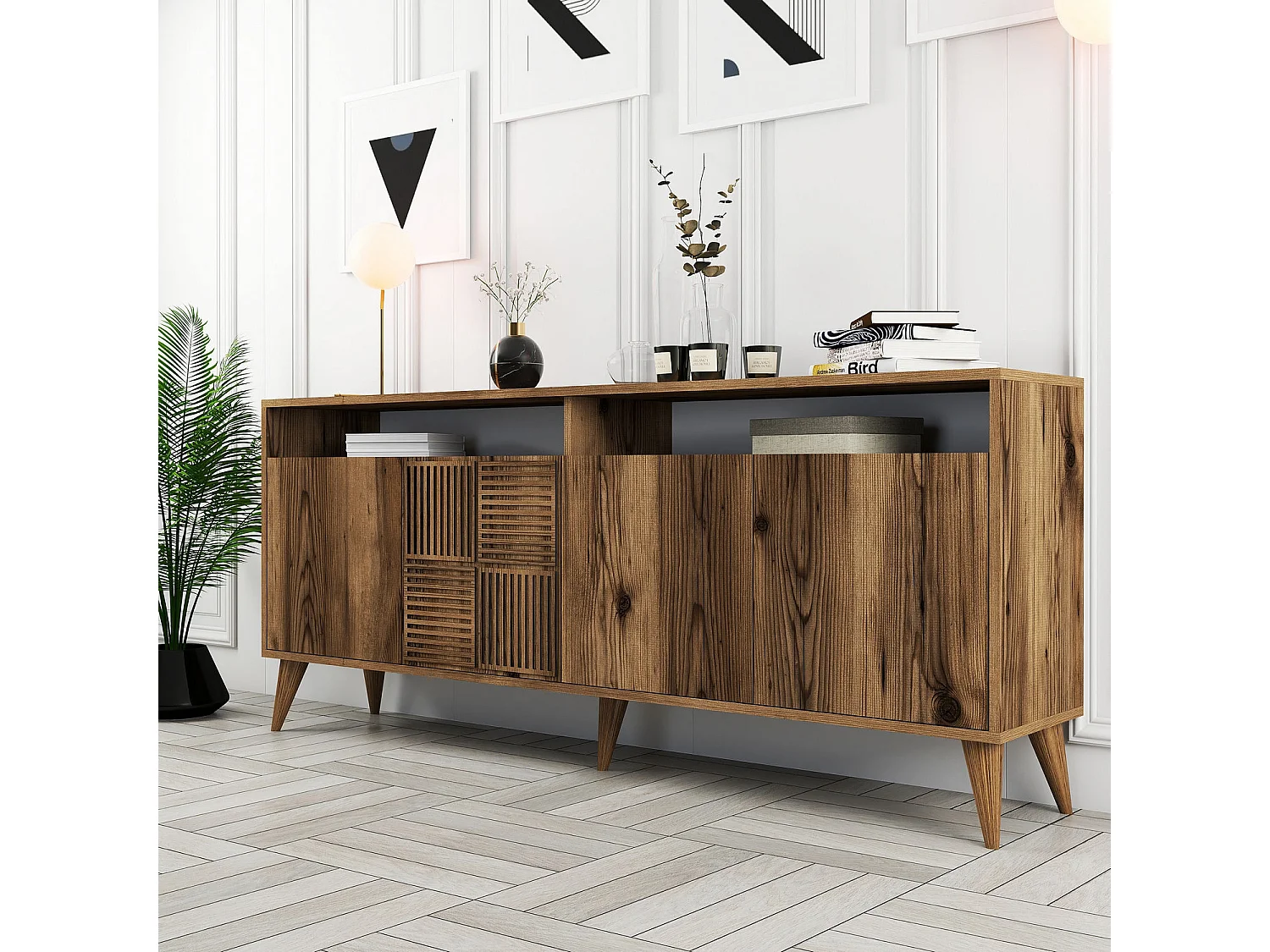 Drewniany Bufet "Milan" - 180 x 35 x 78 cm - Orzech, 4 Drzwi
