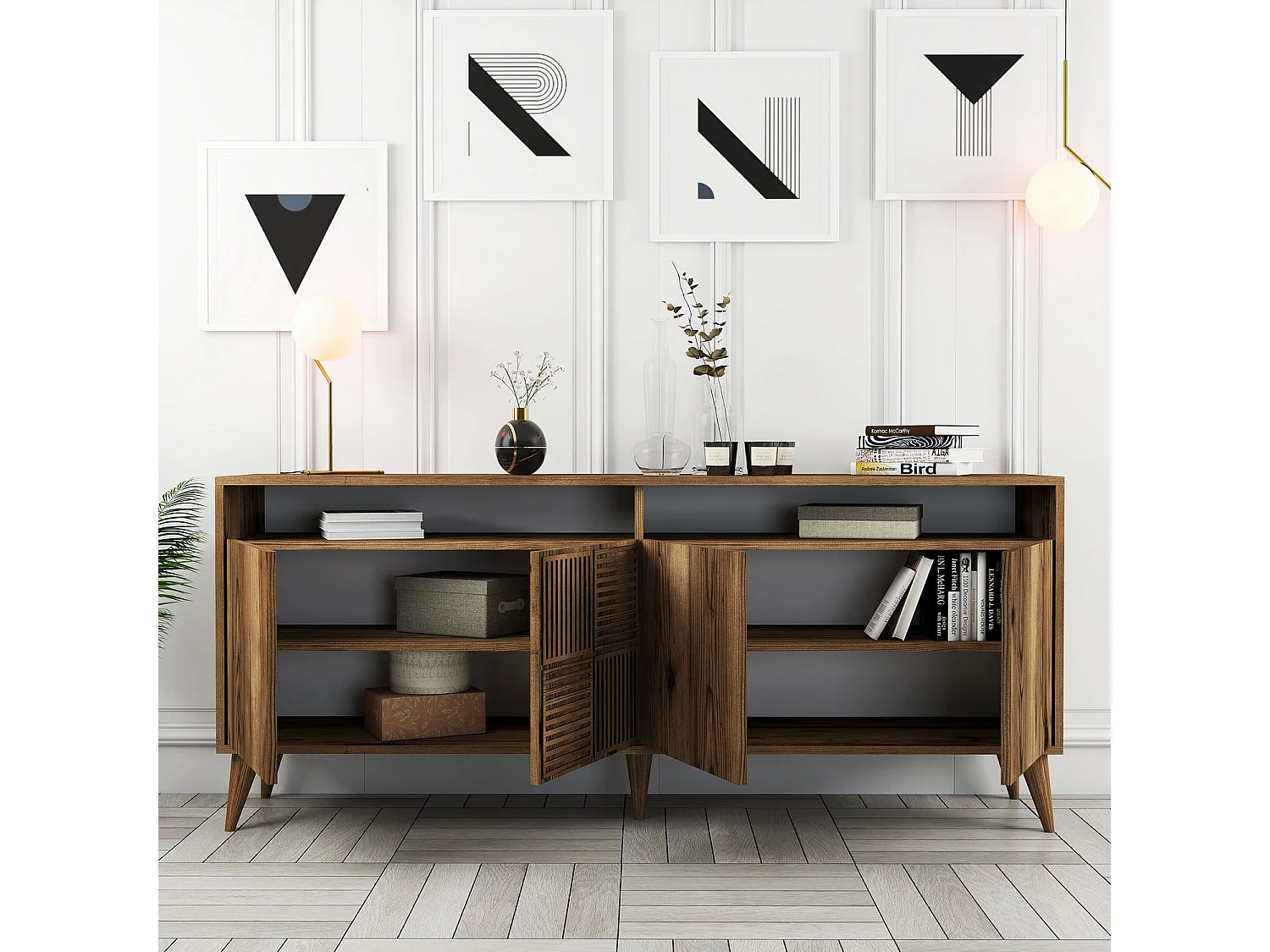 Drewniany Bufet "Milan" - 180 x 35 x 78 cm - Orzech, 4 Drzwi