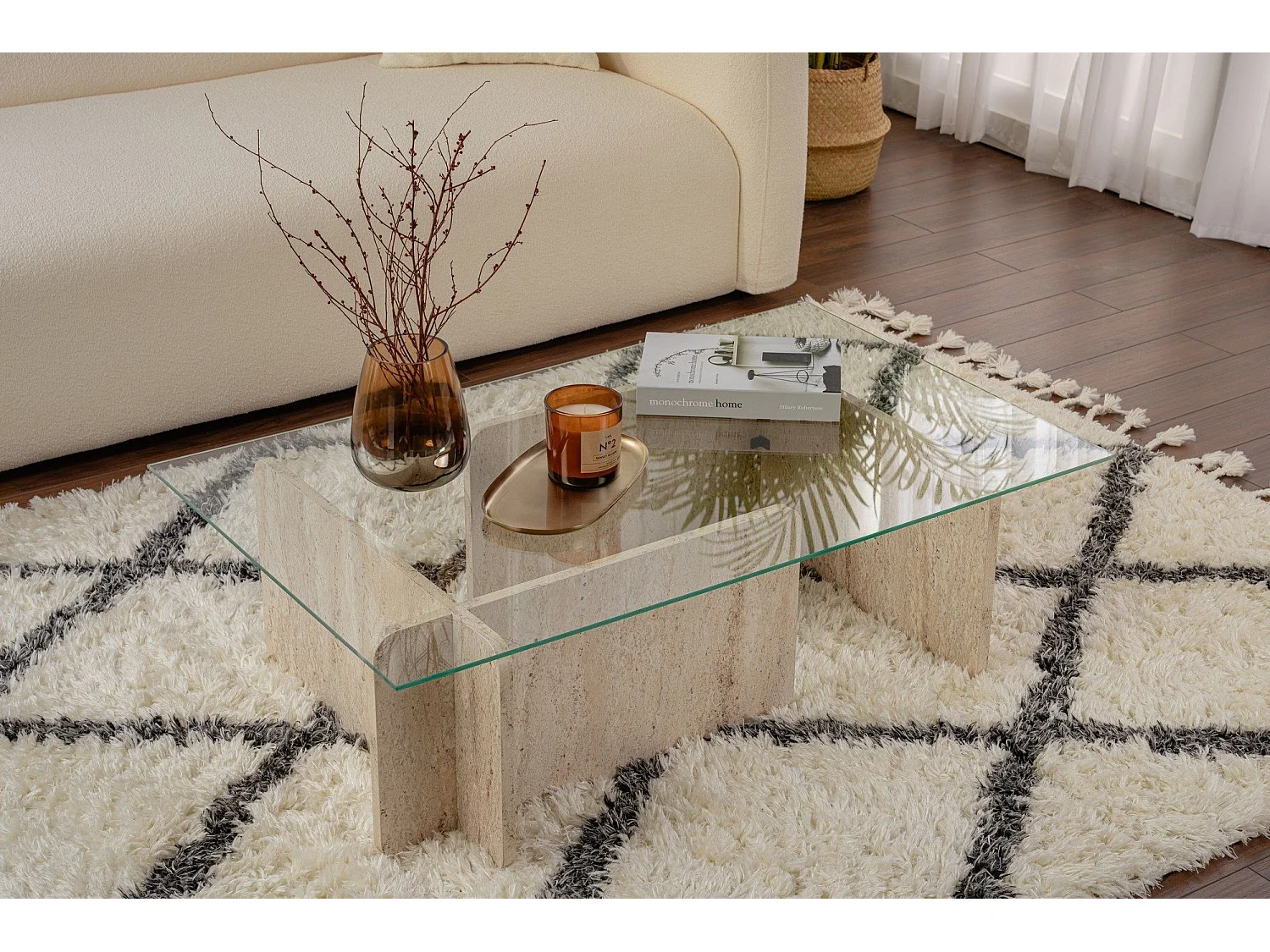 Table basse en bois "Flavio" - 105 x 65 x 30 cm - Travertin