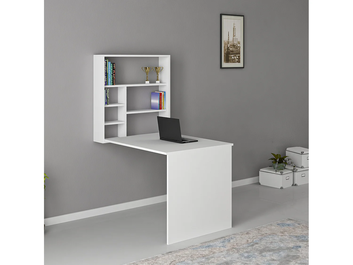 Białe biurko drewniane "Sedir" 90x59x154 cm z 5 półkami, nowoczesny design i wbudowane przechowywanie