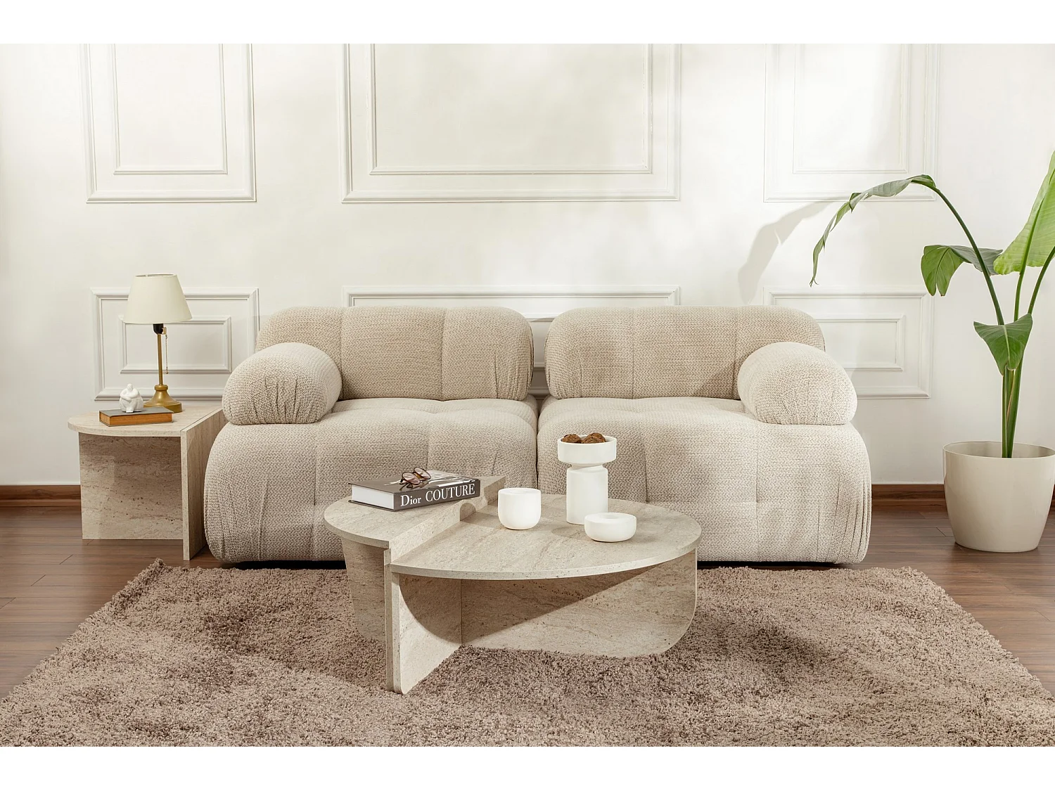 Table basse en bois "Orion" - 90 x 60 x 30 cm - Travertin