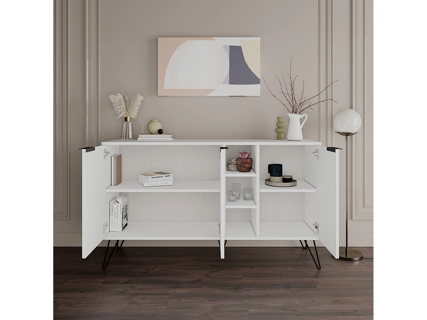 "Clara" Träbuffé - Vit, 142 x 35 x 83 cm, 3 Hyllor, 3 Dörrar