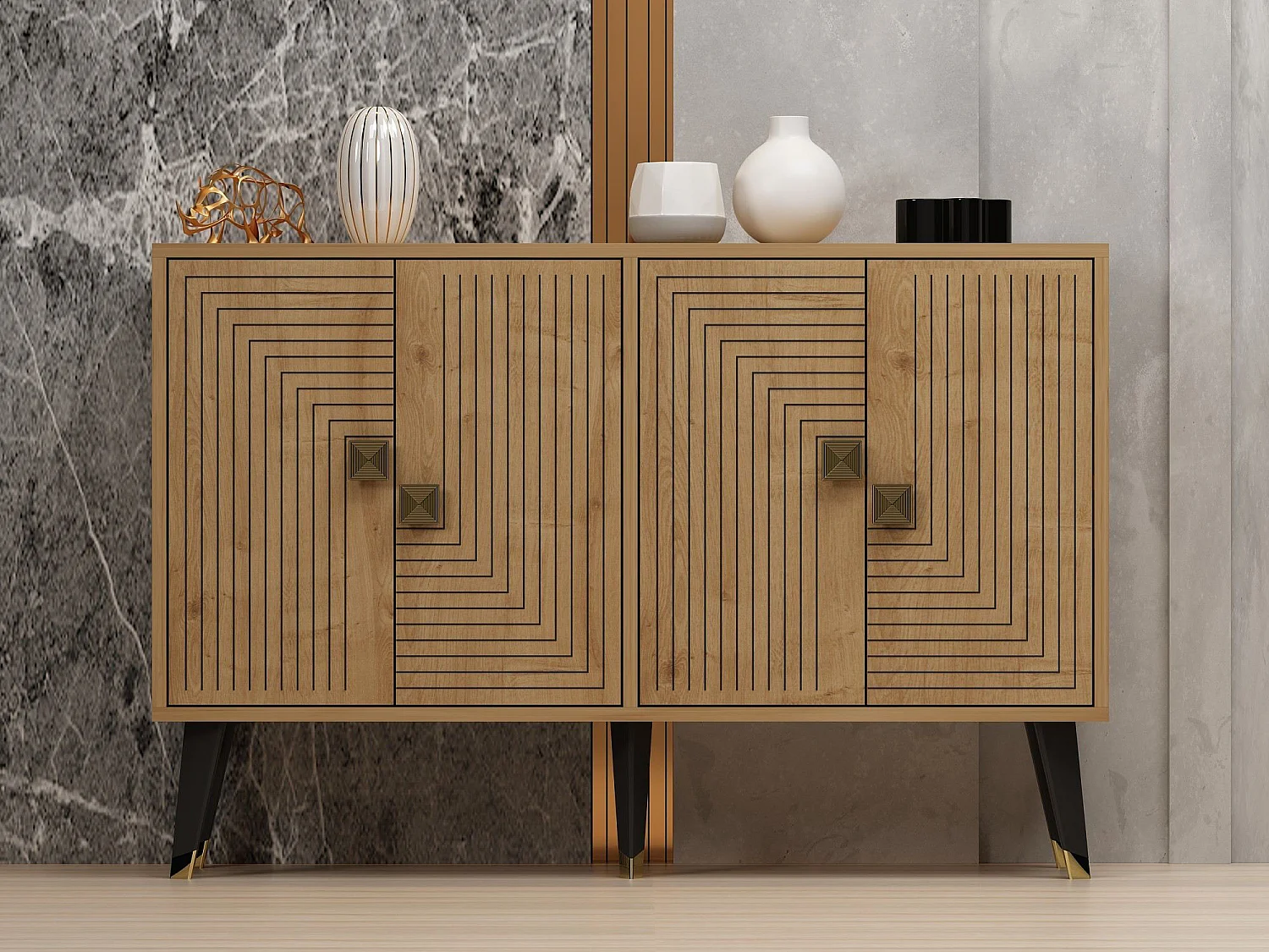 Houten buffet Ahart 4 deuren 120x30x80 cm Eiken Saffier Goud melamine afwerking bruin