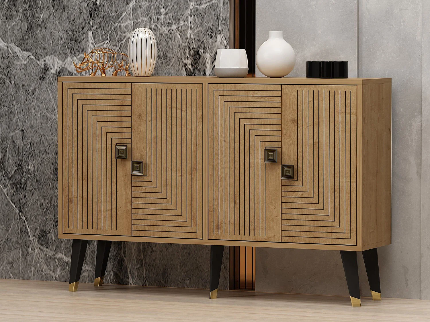 Houten buffet Ahart 4 deuren 120x30x80 cm Eiken Saffier Goud melamine afwerking bruin