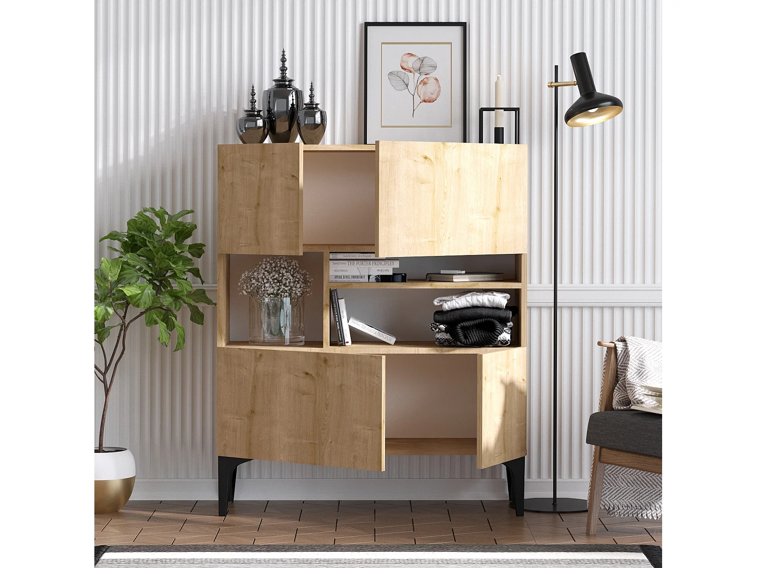 "Krista" Träbuffé - 100 x 35 x 125 cm - Safir Ek - 3 Hyllor, 4 Dörrar