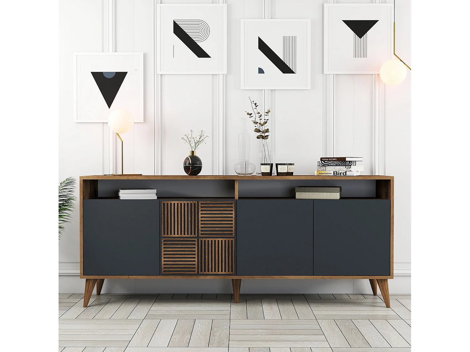 Buffet en bois "Milan" - 180 x 35 x 78 cm - Noyer Anthracite