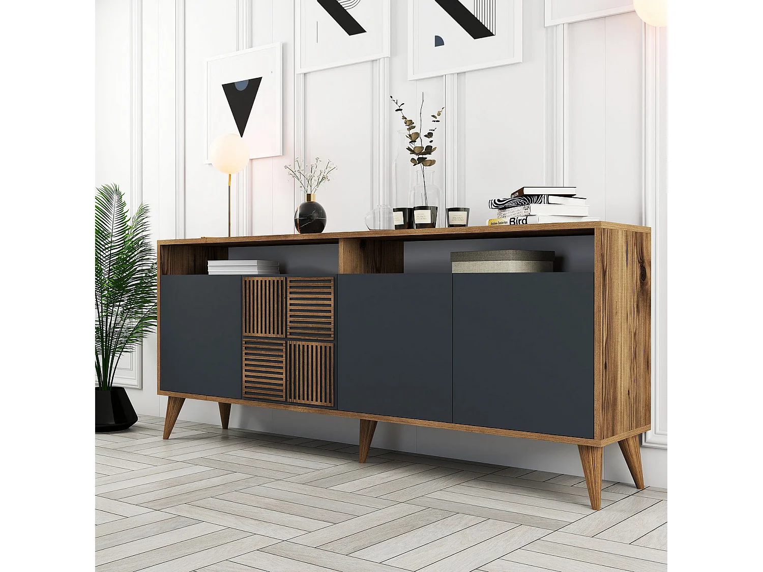 "Milan" Träbuffé - 180 x 35 x 78 cm - Antracit Valnöt - 4 Dörrar