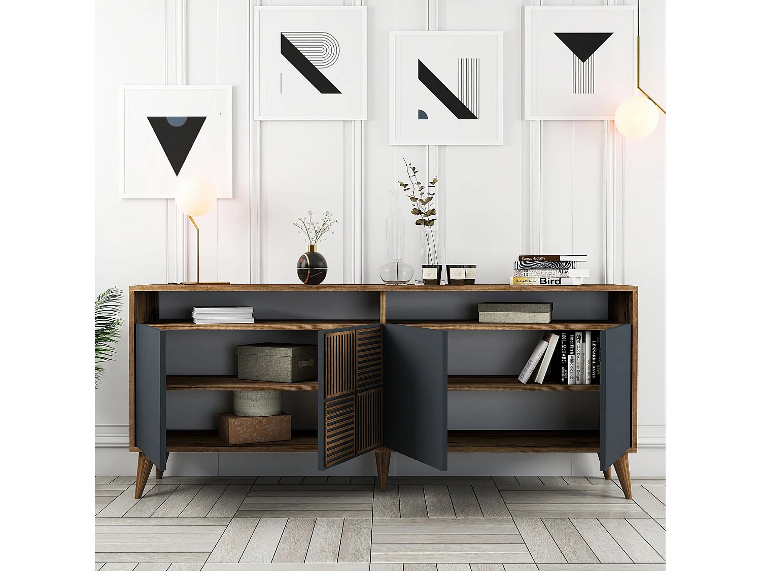 "Milan" Träbuffé - 180 x 35 x 78 cm - Antracit Valnöt - 4 Dörrar