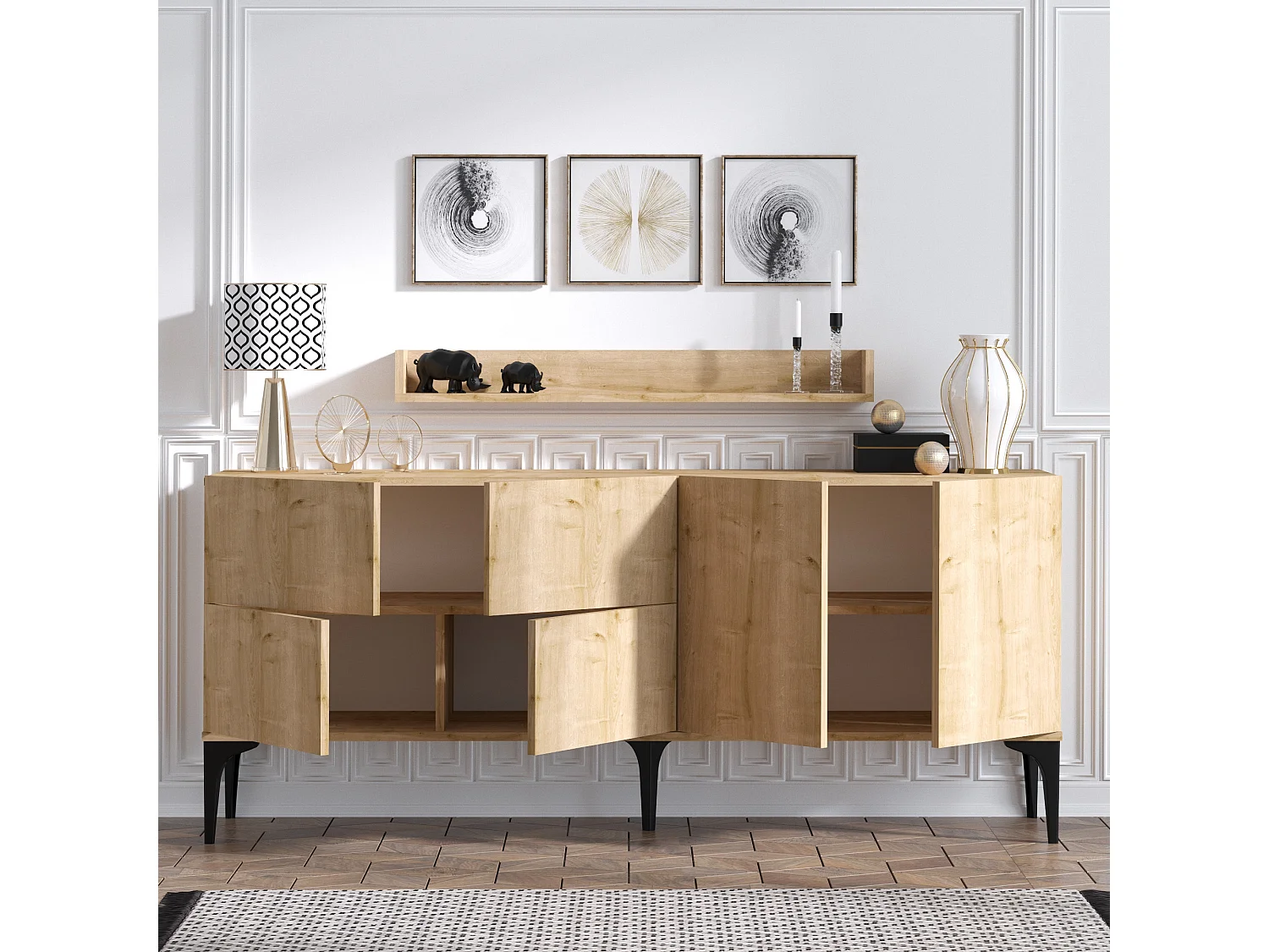 Buffet en bois "Stella" - 180 x 40 x 55 cm - Chêne Saphir