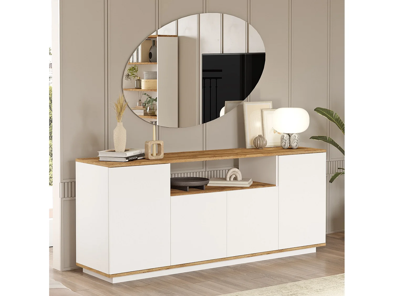 Modern Vit Tallrik Buffé i Tall "FR15" - 180 x 44 x 75 cm - 2 Dörrar, 1 Hylla